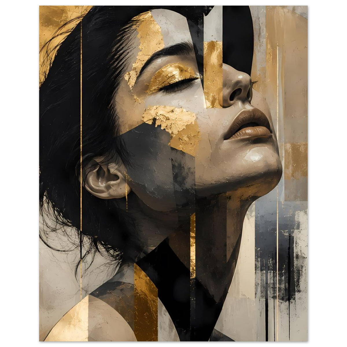 Poster mit abstraktem Frauenporträt in Grau, Gold-Akzenten und schwarzem Haar, seitlich