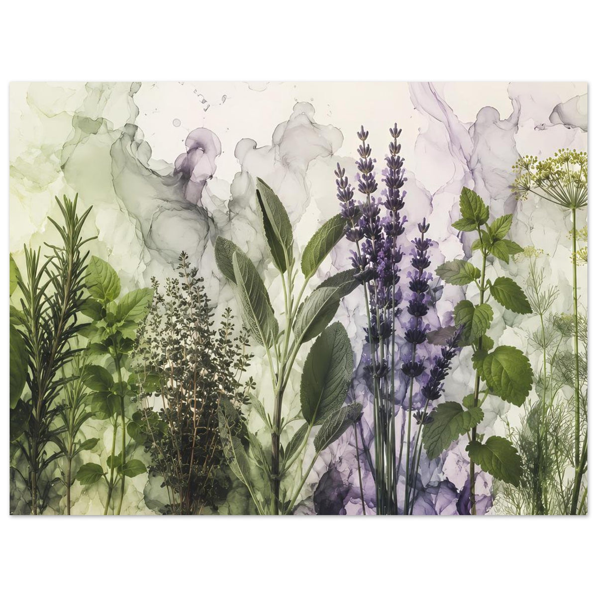 Botanisches Poster mit Lavendelähren, Blattwerk und Gräsern, Aquarellstil, querformatig