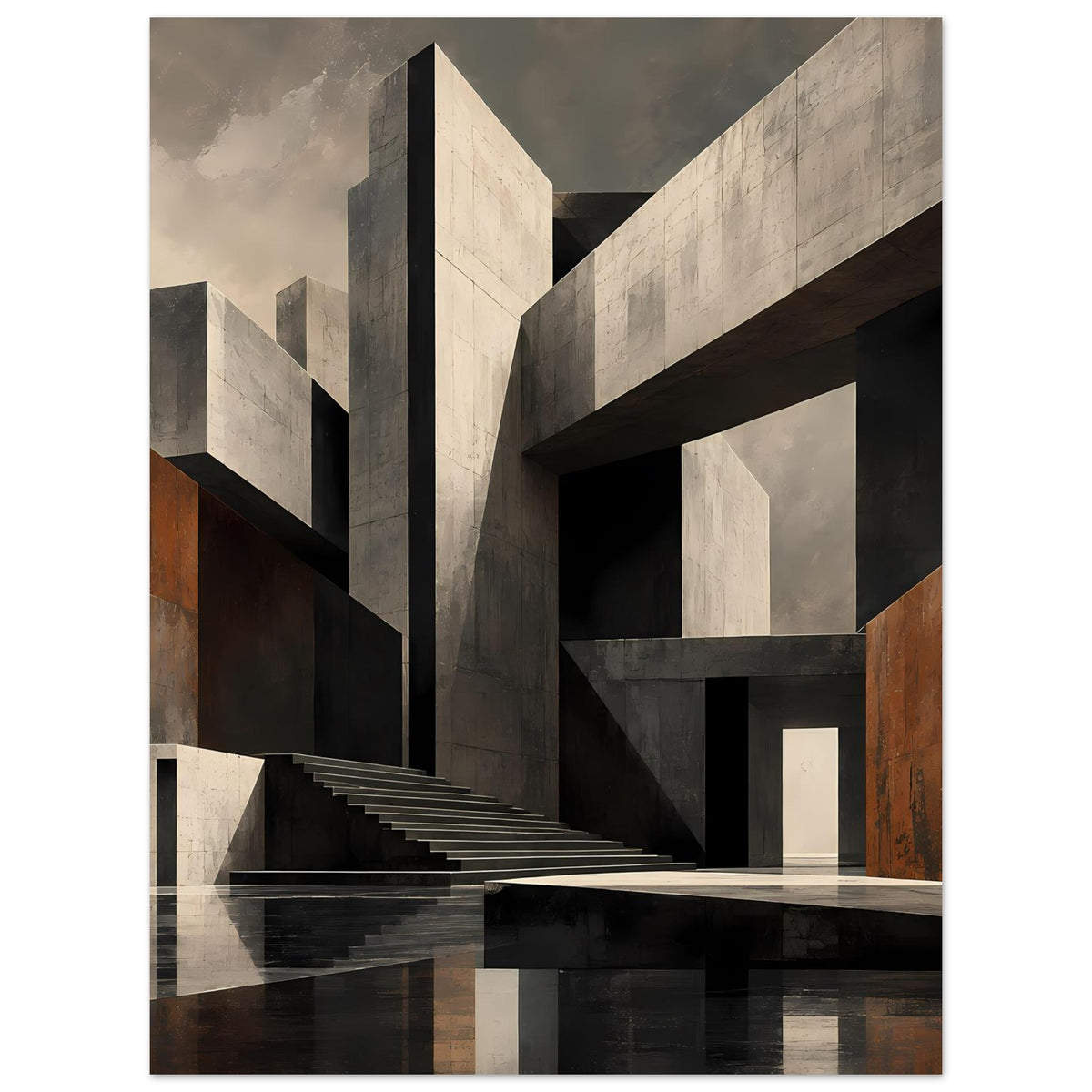 Architekturposter im Hochformat: Treppe, Schattenräume und Balken in Schwarz, Grau und Rostbraun
