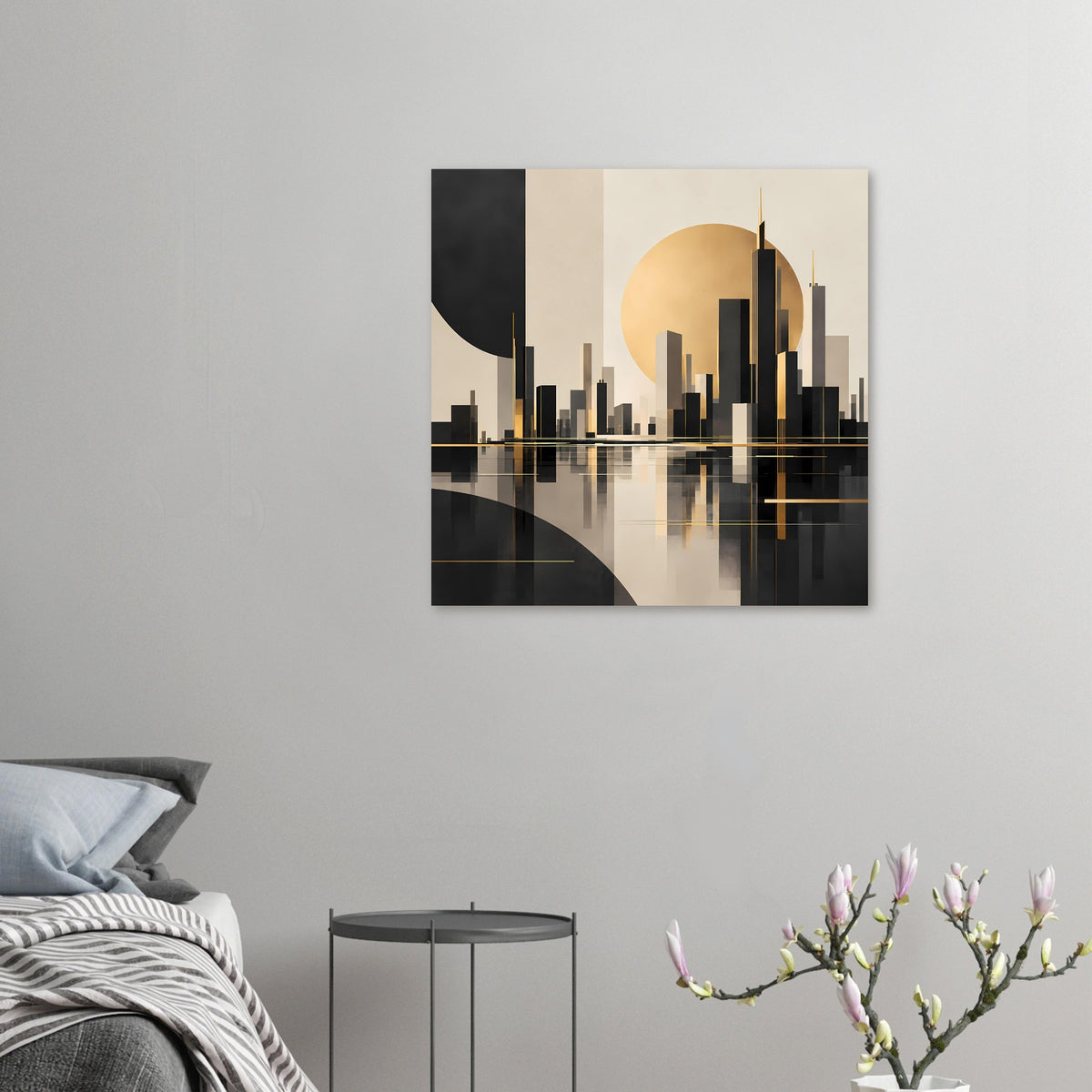 Poster im quadratischen Format mit abstrakter Skyline, goldenem Halbmond und Spiegelung