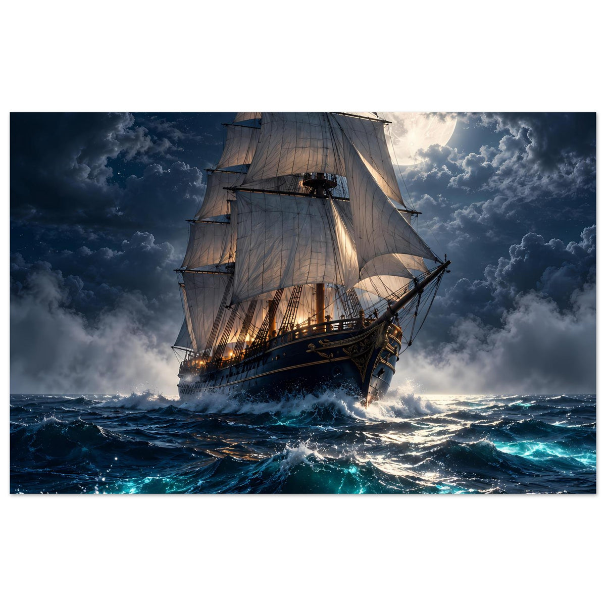 Poster: Segelschiff mit Segeln bei Vollmond über bewegter stürmischer See im Querformat