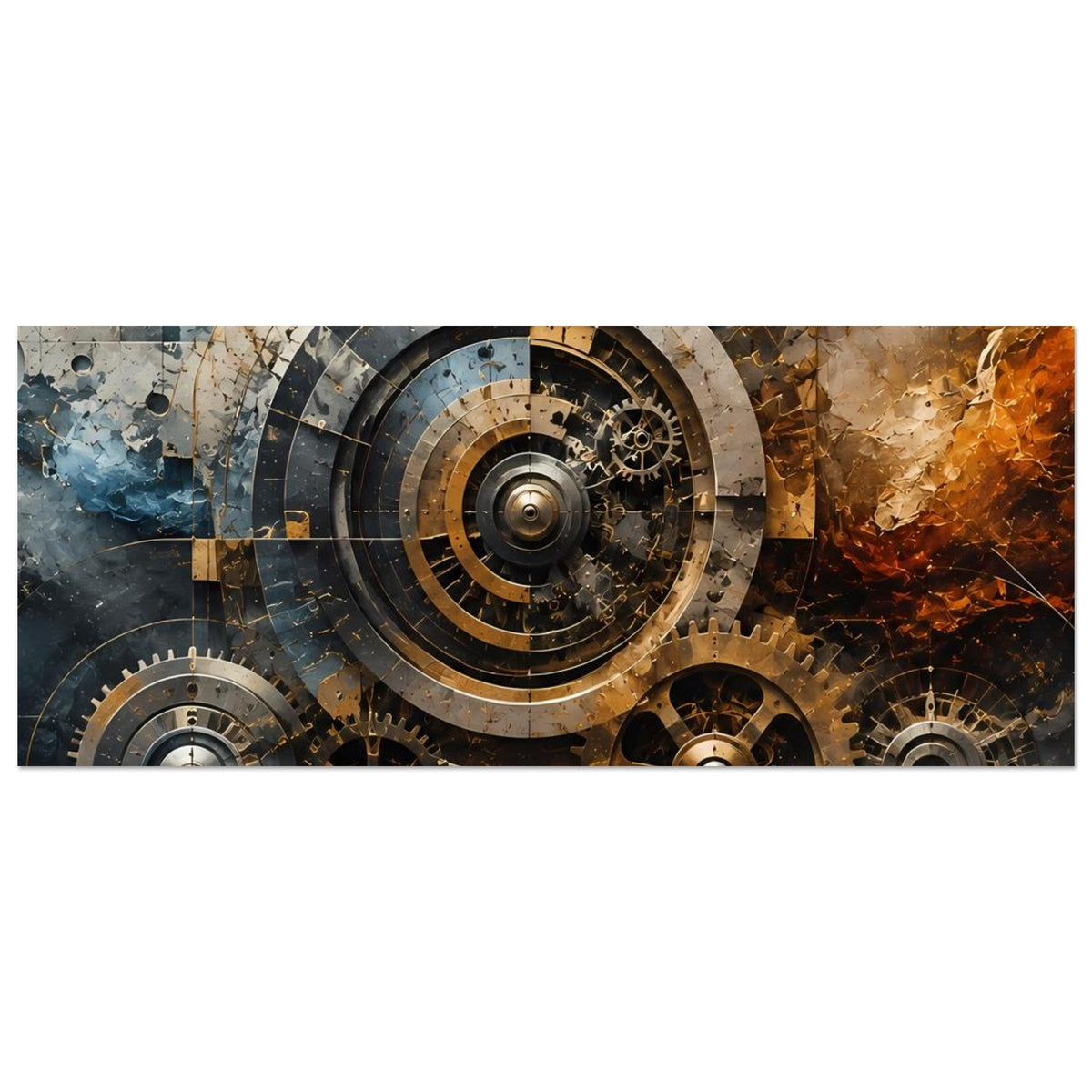 Querformat-Poster mit Steampunk-Zahnrädern und Kreisskala, warm