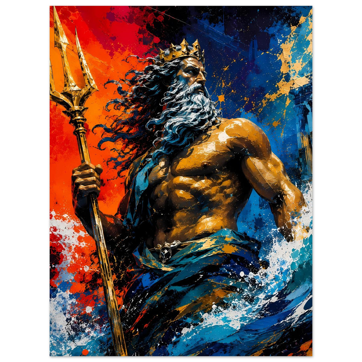 Vertikales Poster: Poseidon mit Dreizack, starke Farbflächen in Rot und Blau, Spritztechnik