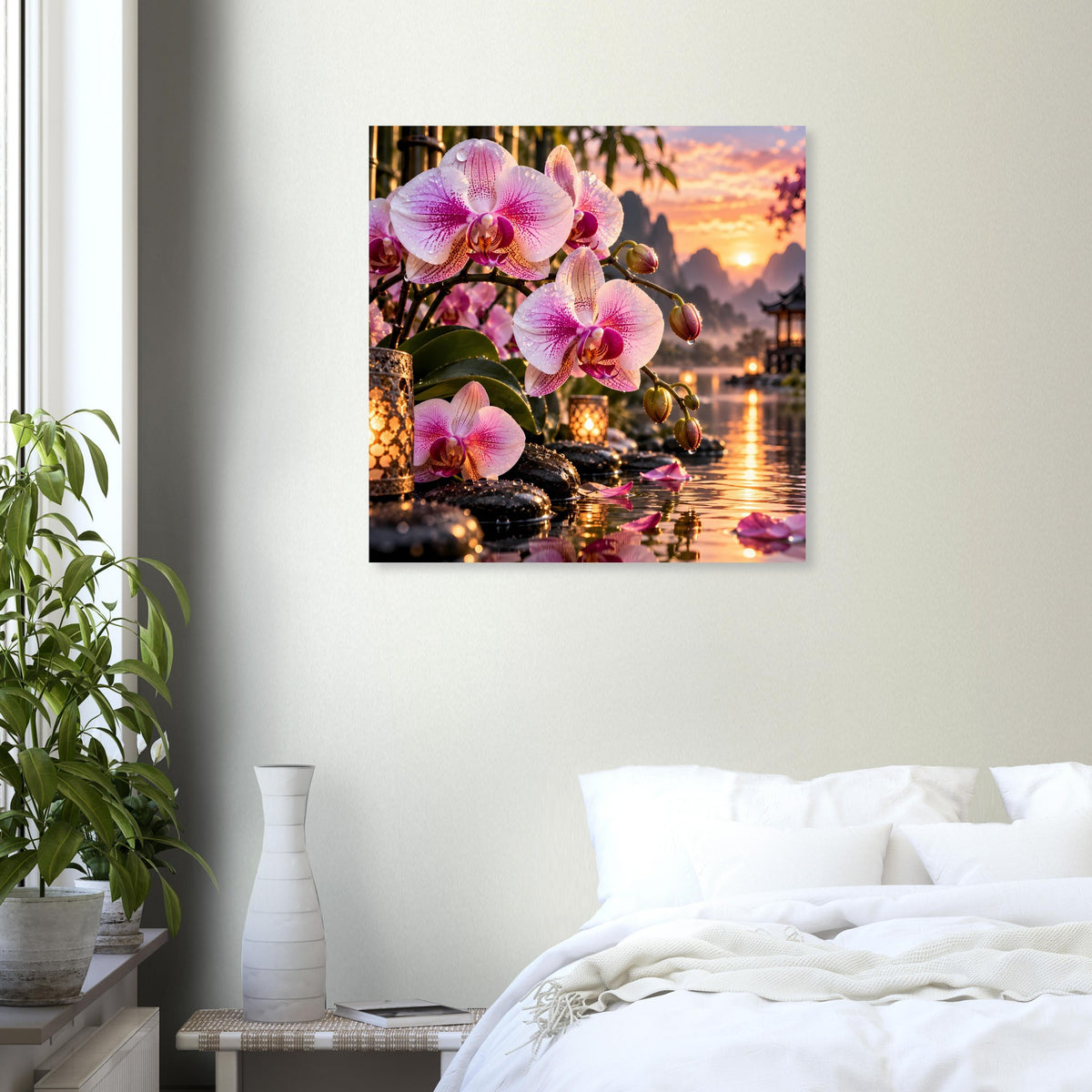 Wandposter mit rosa Orchideen, See und Sonnenuntergangsstimmung mit Lichterreflexen