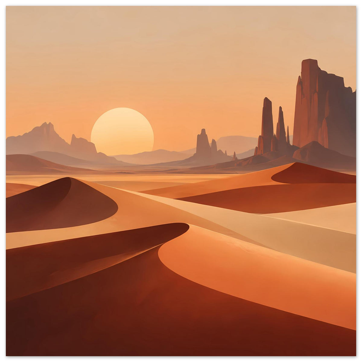 Horizontales Poster mit Dünenbergen: orange Himmelssonne, Wege aus hellen Sandstreifen.