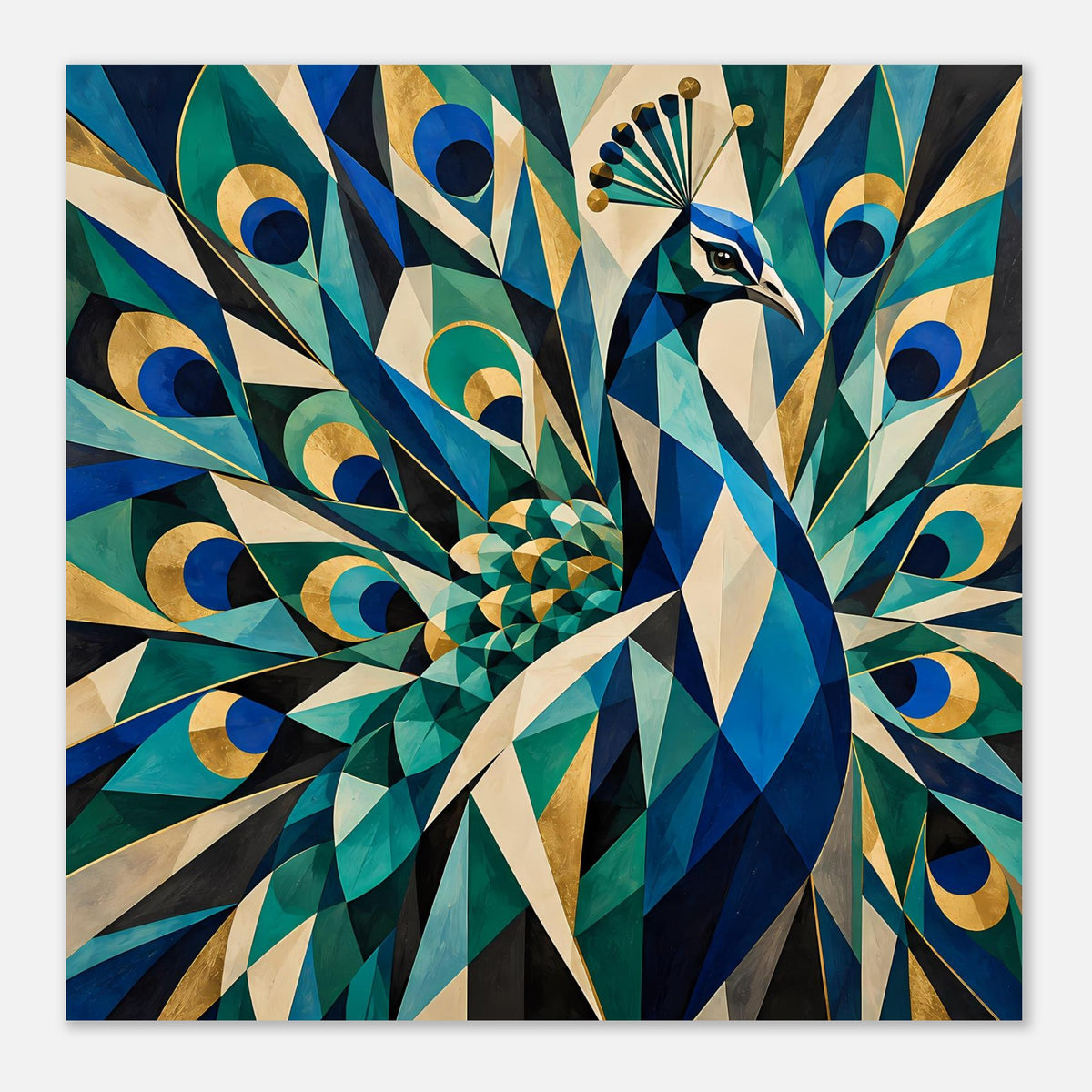 Quadratisches Poster mit geometrischem Pfau in Blau, Türkis und Gold