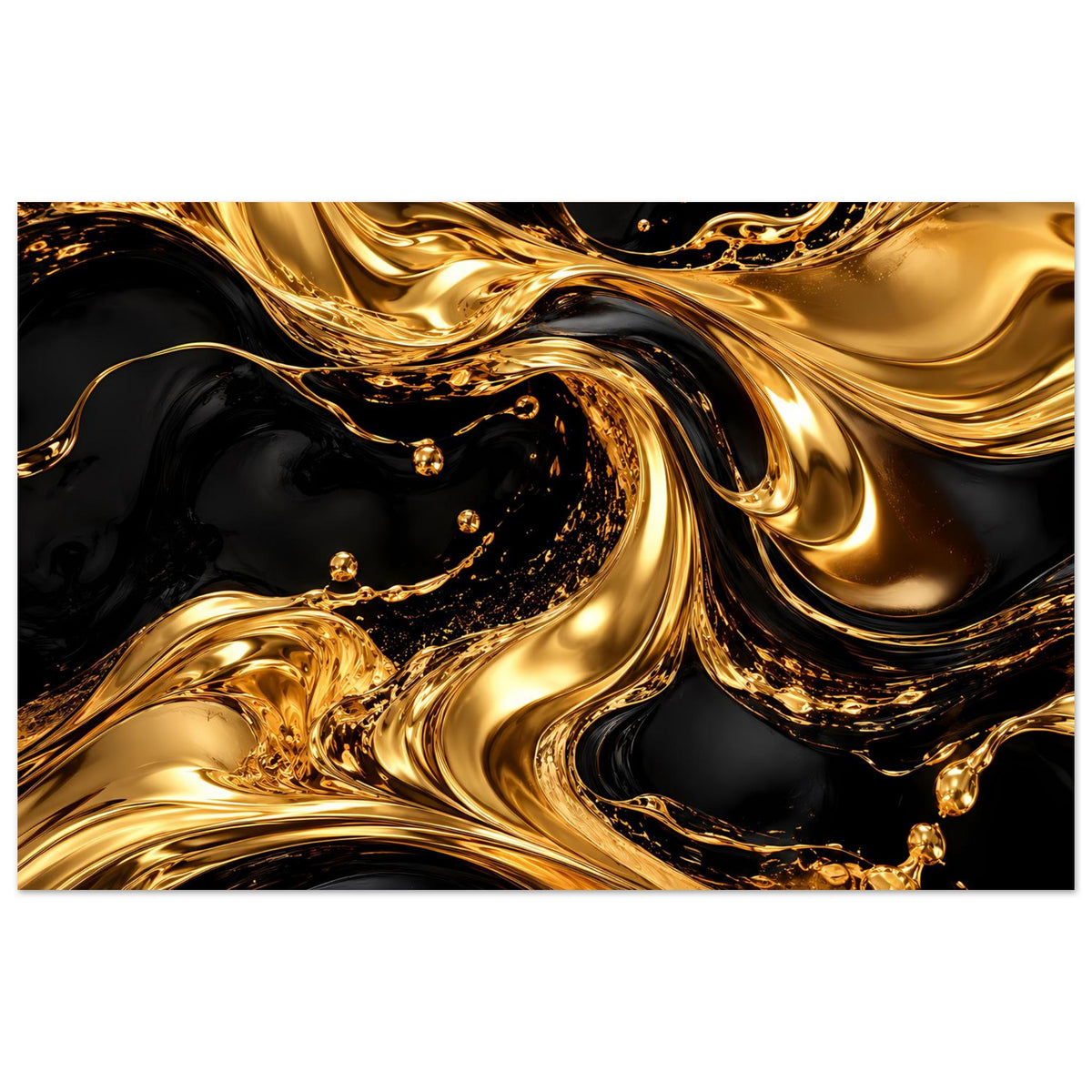 Horizontales abstraktes Poster mit goldenen Wellen auf tiefschwarzem Hintergrund
