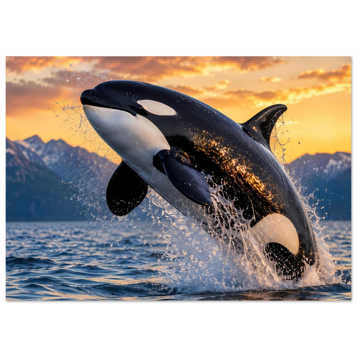 Poster im Querformat mit Orca im Sprung, schwarz-weißer Körper, aufgewühltes Meer