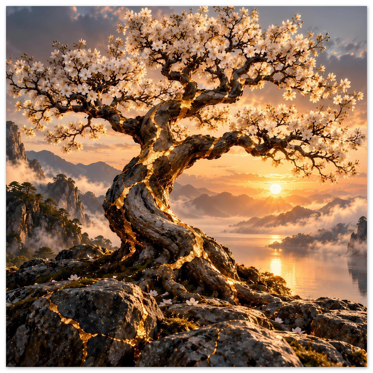 Hochformat-Wandposter: blühender Baum, warmes Sonnenlicht und Landschaft mit See