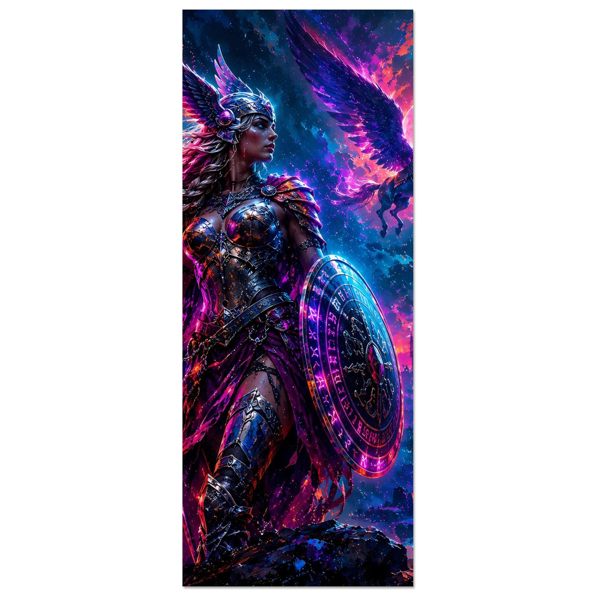 Fantasy-Poster im Hochformat: Valkyrie mit Speer und Rundschild, Teilansicht der Flügel