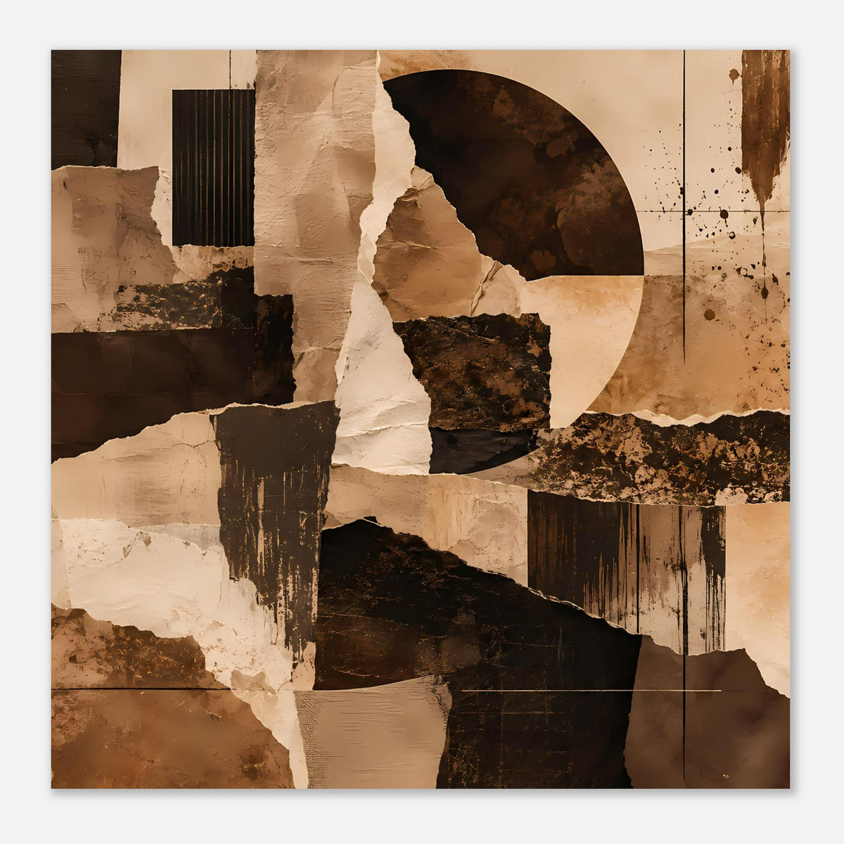 Horizontales abstraktes Kunstposter mit Kreisbogen und collageartigen Texturen in Braun