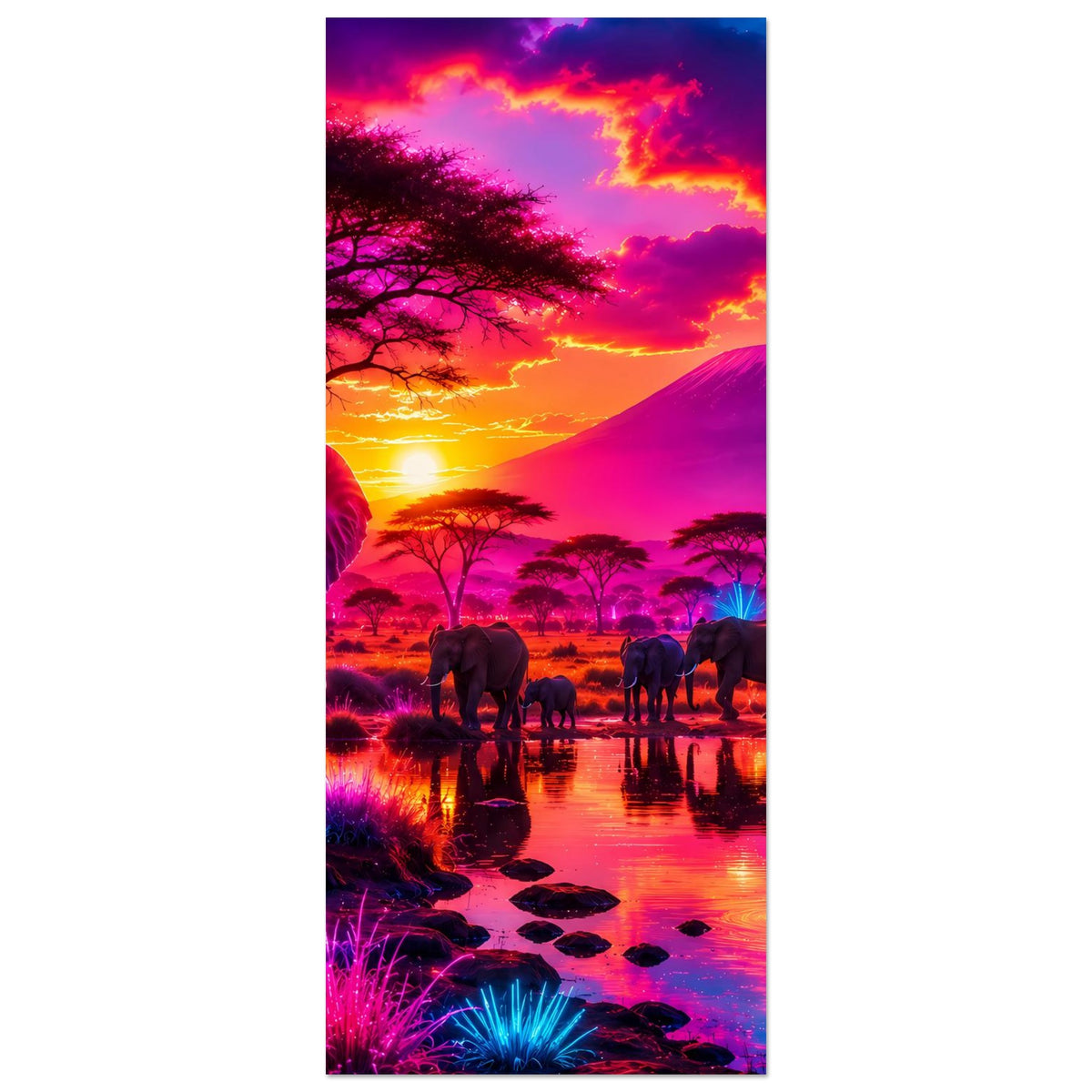 Vertikales Poster mit Elefanten, Giraffe und Zebras an einer Wasserstelle im Sonnenuntergang