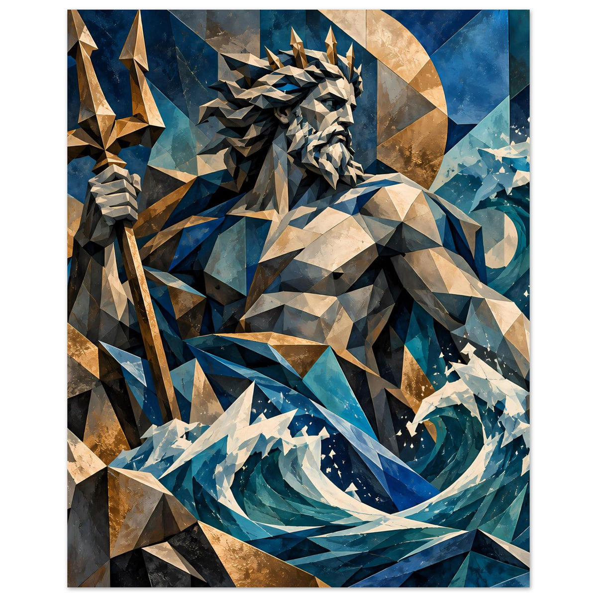Geometrisches Poseidon-Poster mit Trident und Wasserwirbel, blau-goldene Polygonflächen