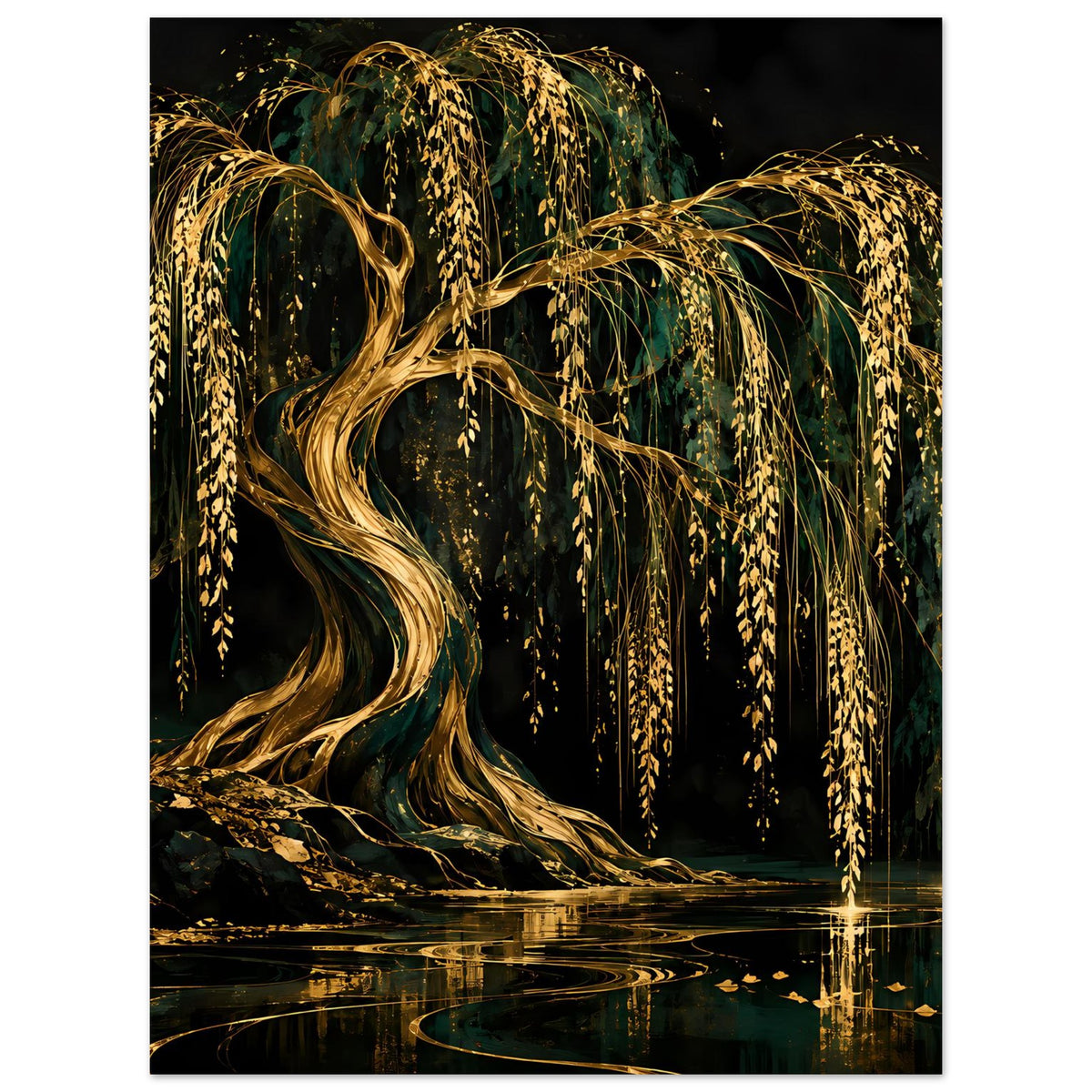 Wandposter mit goldener Trauerweide und Wurzeln, vertikal, mit Wasserreflexion