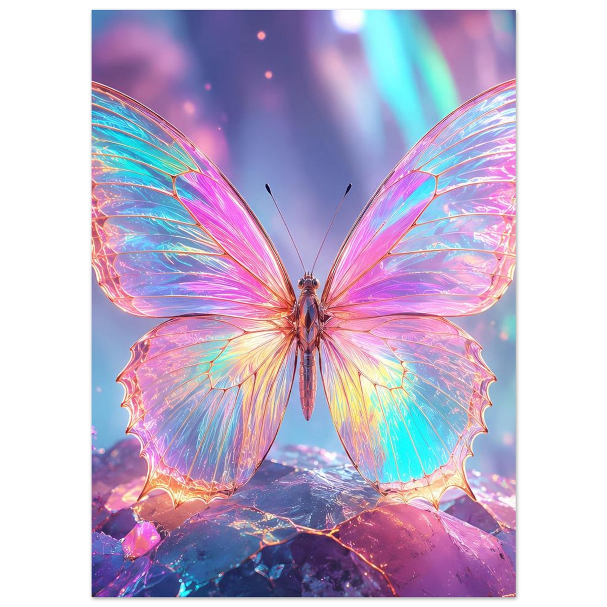Fantasy-Poster: Schmetterling mit irisierenden Flügeln über bunten, leuchtenden Kristallen