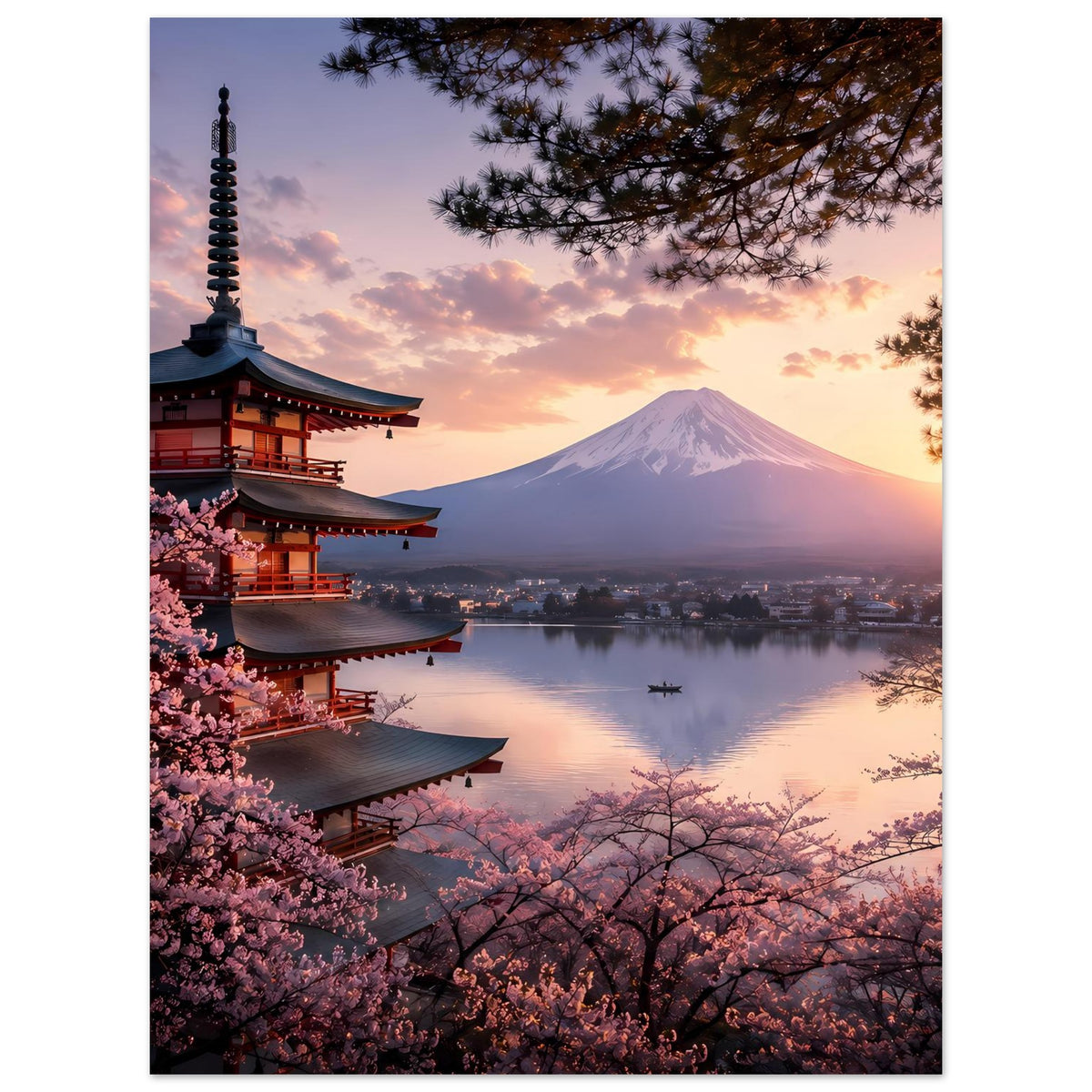 Vertikales Poster mit japanischer Pagode, Kirschblüten im Vordergrund und Mount Fuji