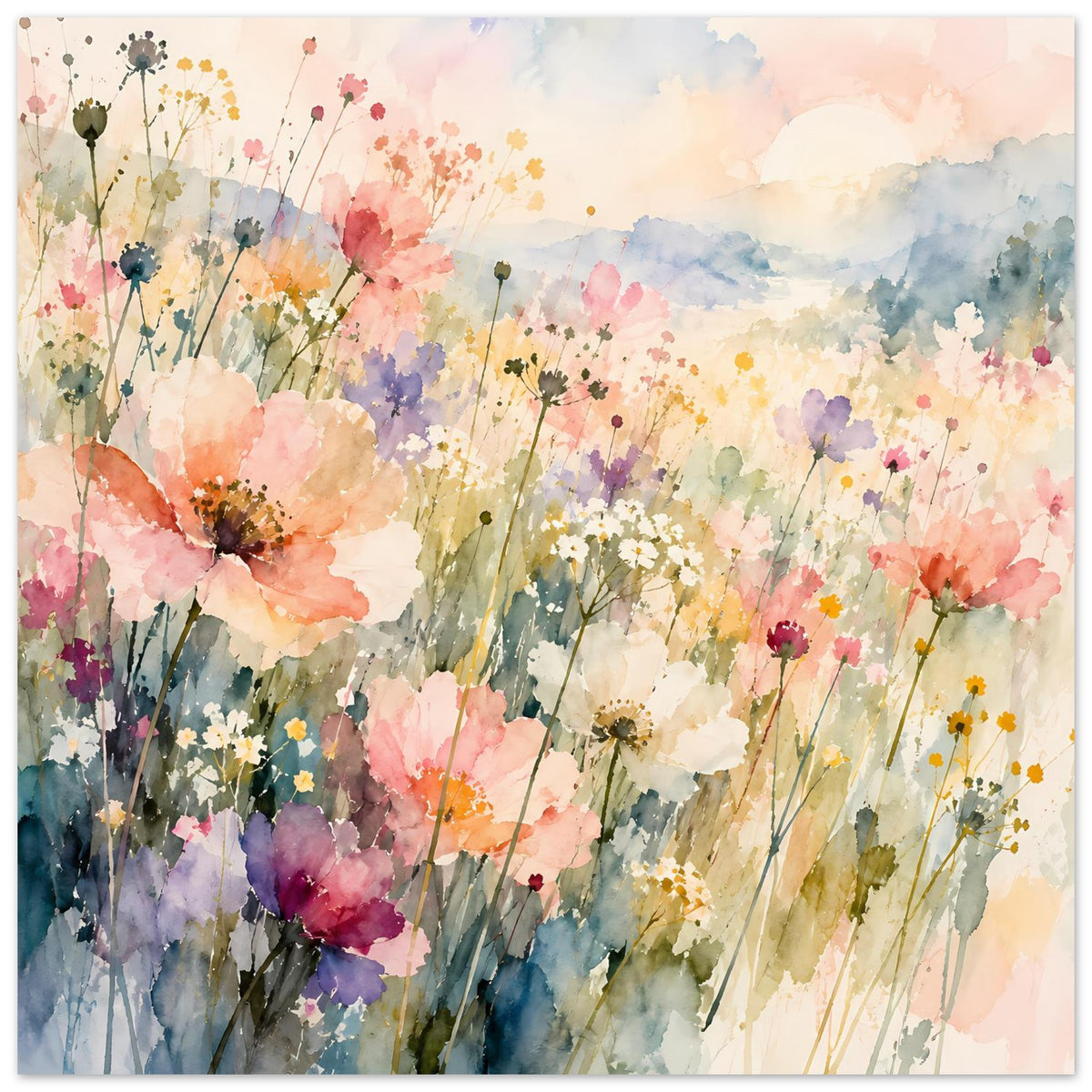 Aquarell-Poster mit Pastellblumen, zahlreiche kleine Blüten und große Farbflecken, vertikal