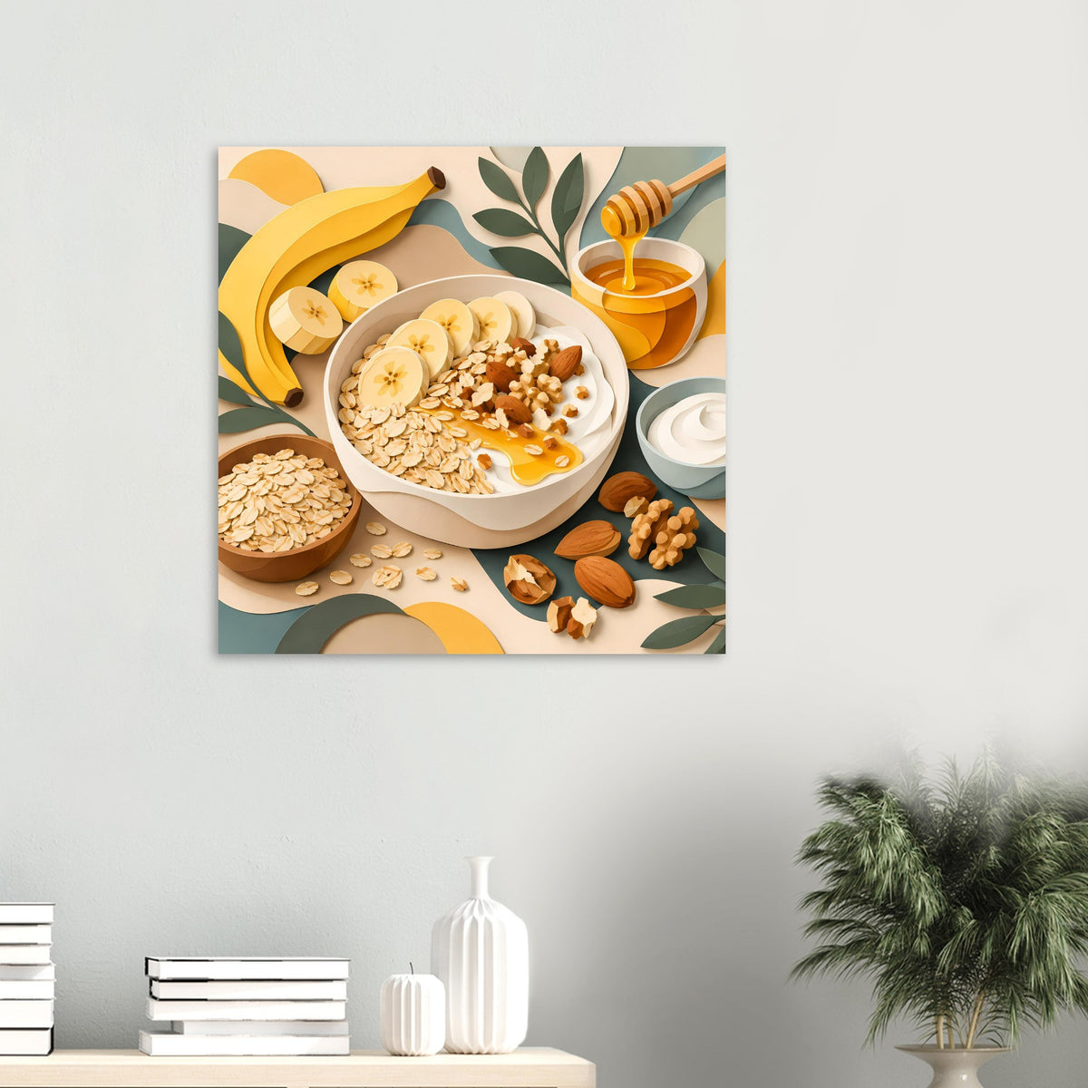 Quadratisches Poster mit Frühstücksbild: Schüssel mit Haferflocken, Banane, Honig und Nüssen