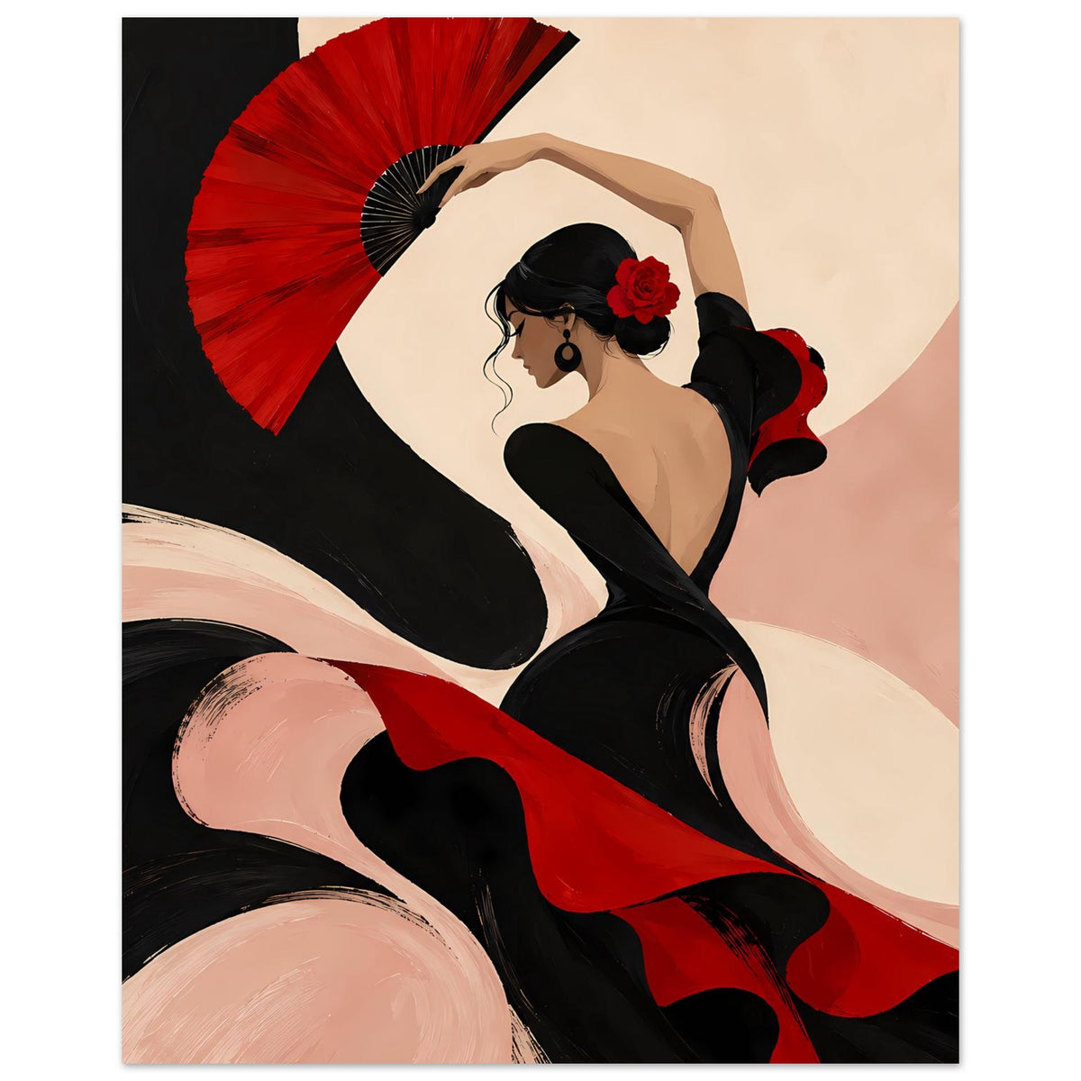 Poster mit Flamenco-Tänzerin in Schwarz, roter Fächer und rotes Kleid, vertikal
