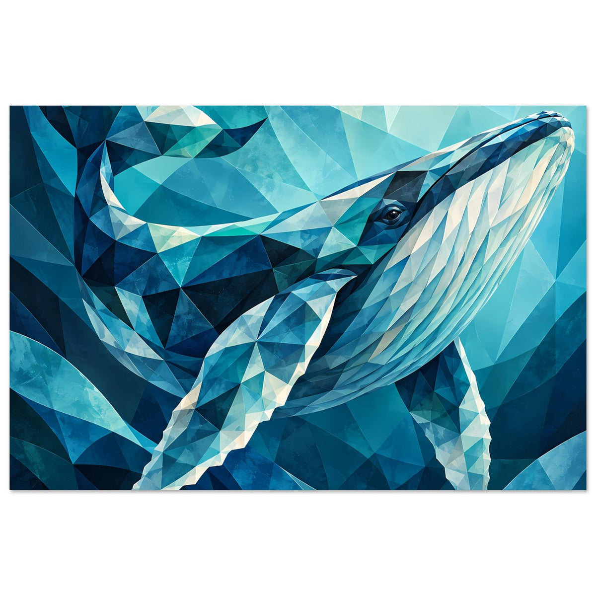 Geometrisches Blauwal-Poster mit großem Walrücken, dreieckigem Blau-Aquamarin-Farbverlauf