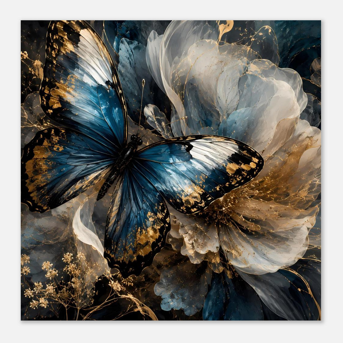 Luxuriöses Premium-Poster mit Schmetterling in Blau und Gold, kompakte vertikale Ansicht