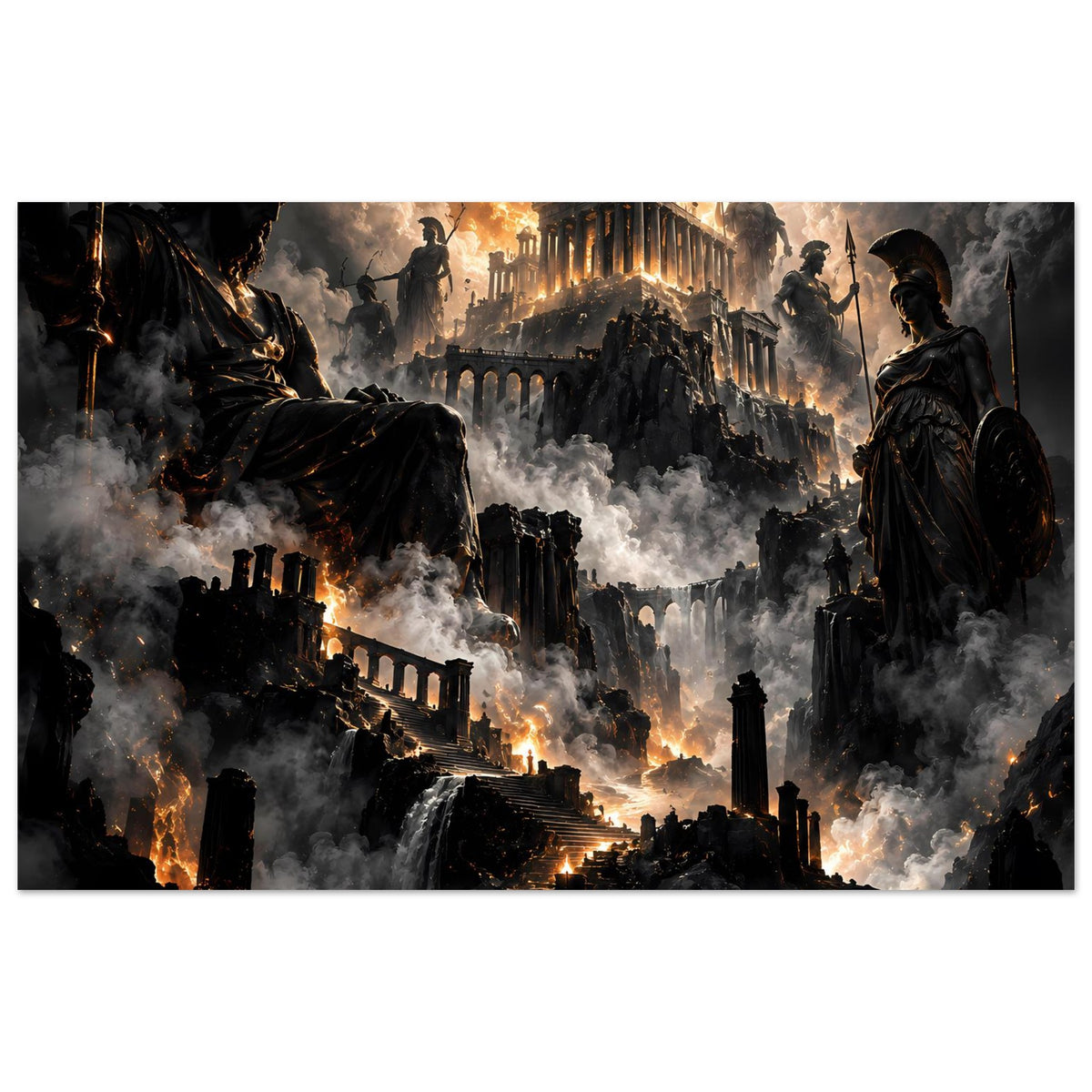 Dunkles Fantasy-Poster mit bewaffneten Gestalten, Ruinen und orangefarbener Flammenstimmung