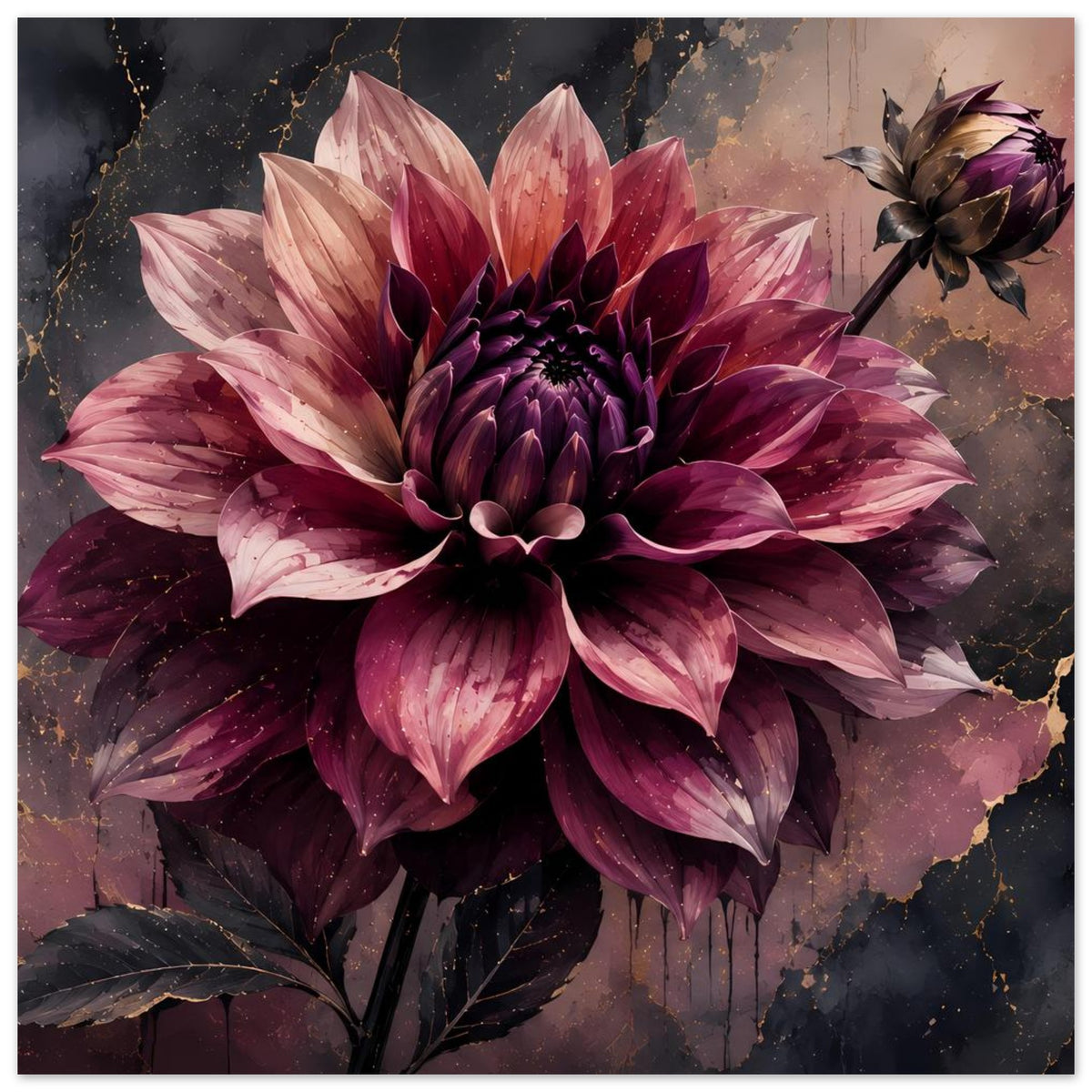 Blumenposter mit dunkelvioletter Dahlie und goldenen Adern, große Blütenblätter und Staubgefäße