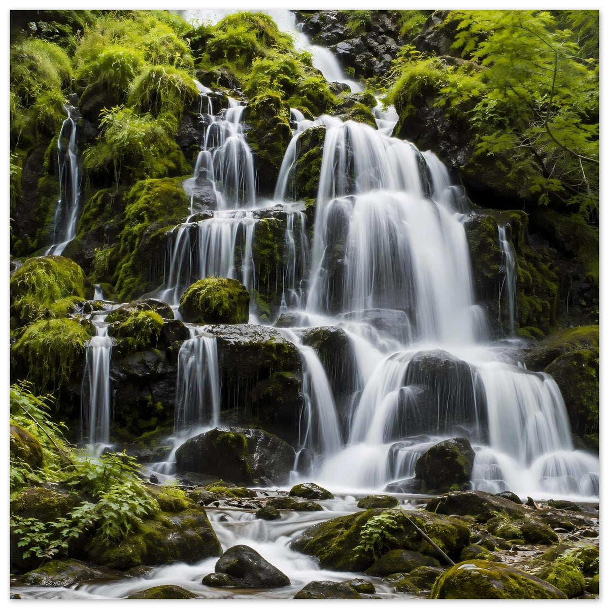 Wasserfall-Poster mit mehreren Kaskaden, umgeben von dichtem, grünem Moos und Felsen