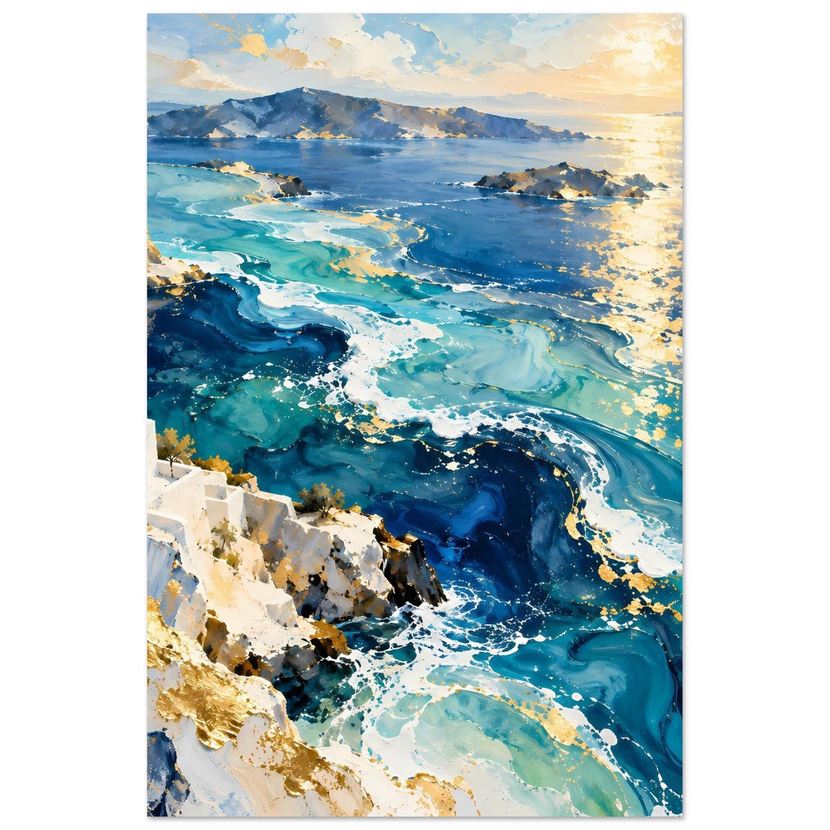 Vertikales Meerlandschafts-Poster: türkisfarbene Wellen, weiße Häuser, Segelboot