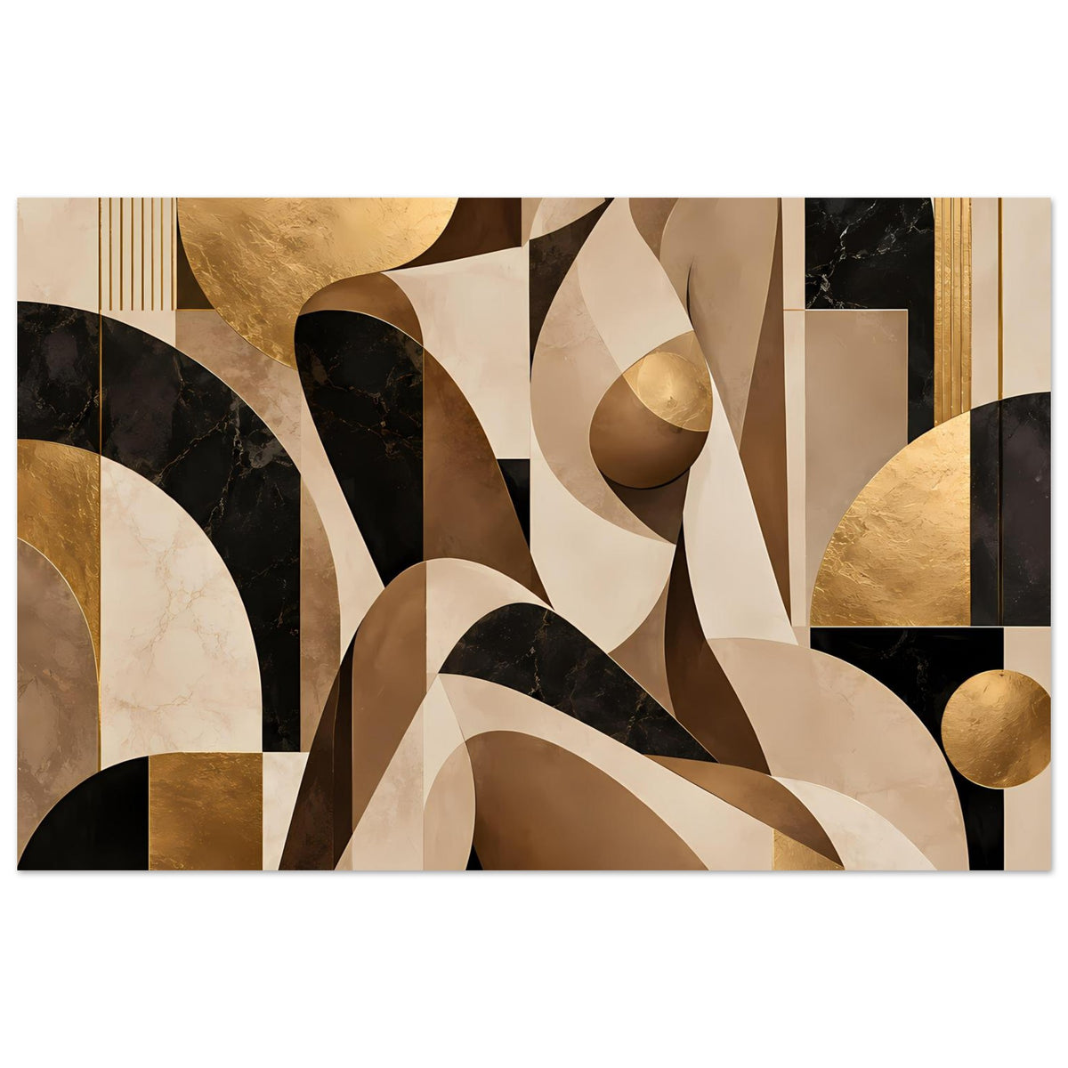 Horizontales abstraktes Kunstposter: Gold- und Erdtöne mit schwarzen und beigen Flächen