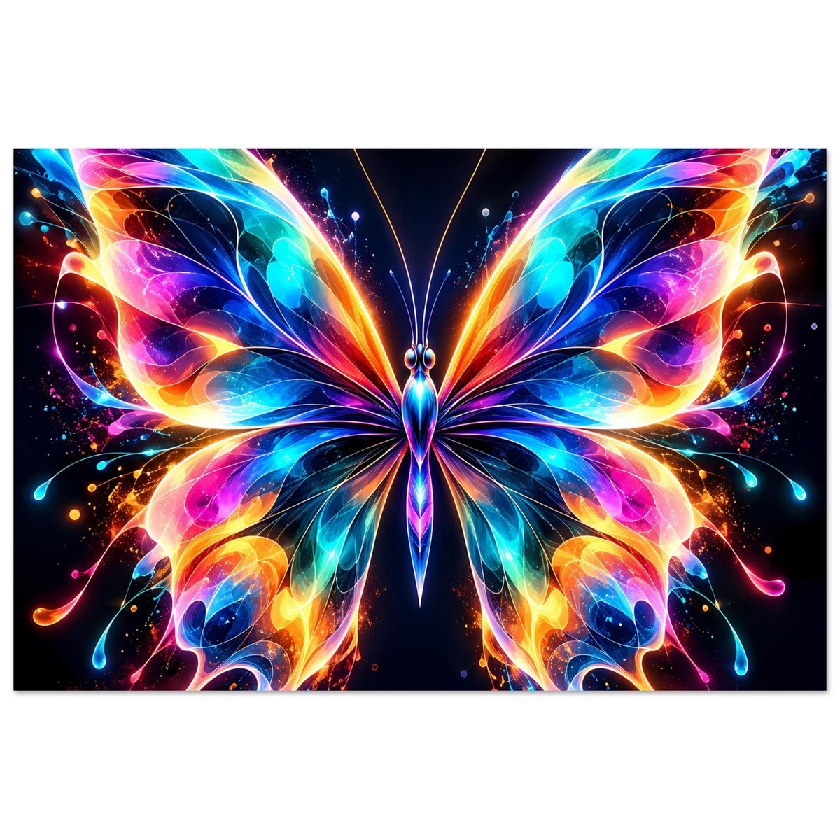 Neon-Schmetterlingsposter im Querformat, bunter Schmetterling mit kräftigem Farbverlauf.