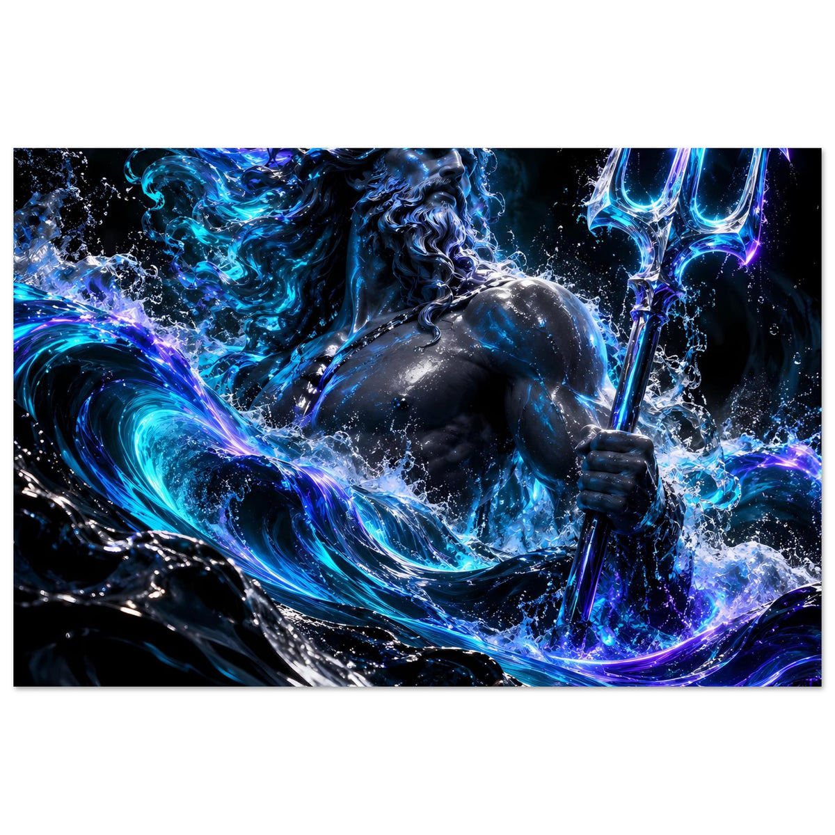 Querformat-Poster: Poseidon mit Dreizack, strahlende blaue Energie in Wellen und Wasserflächen