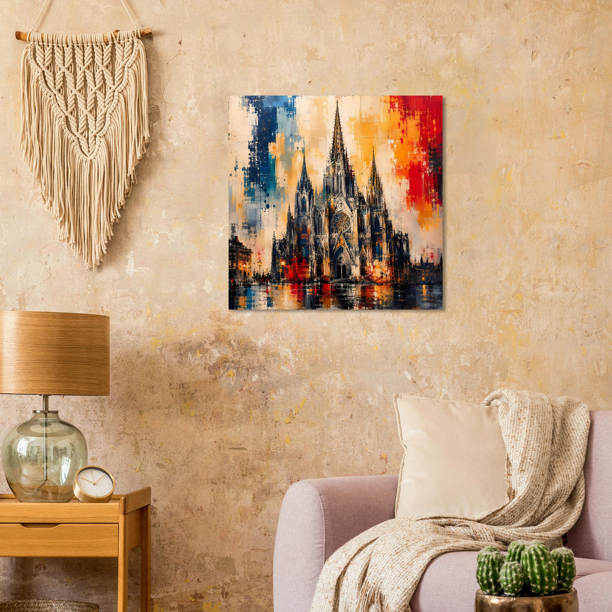 Poster mit gotischer Kathedrale, Farbverläufe in Blau, Rot und Cremefarben