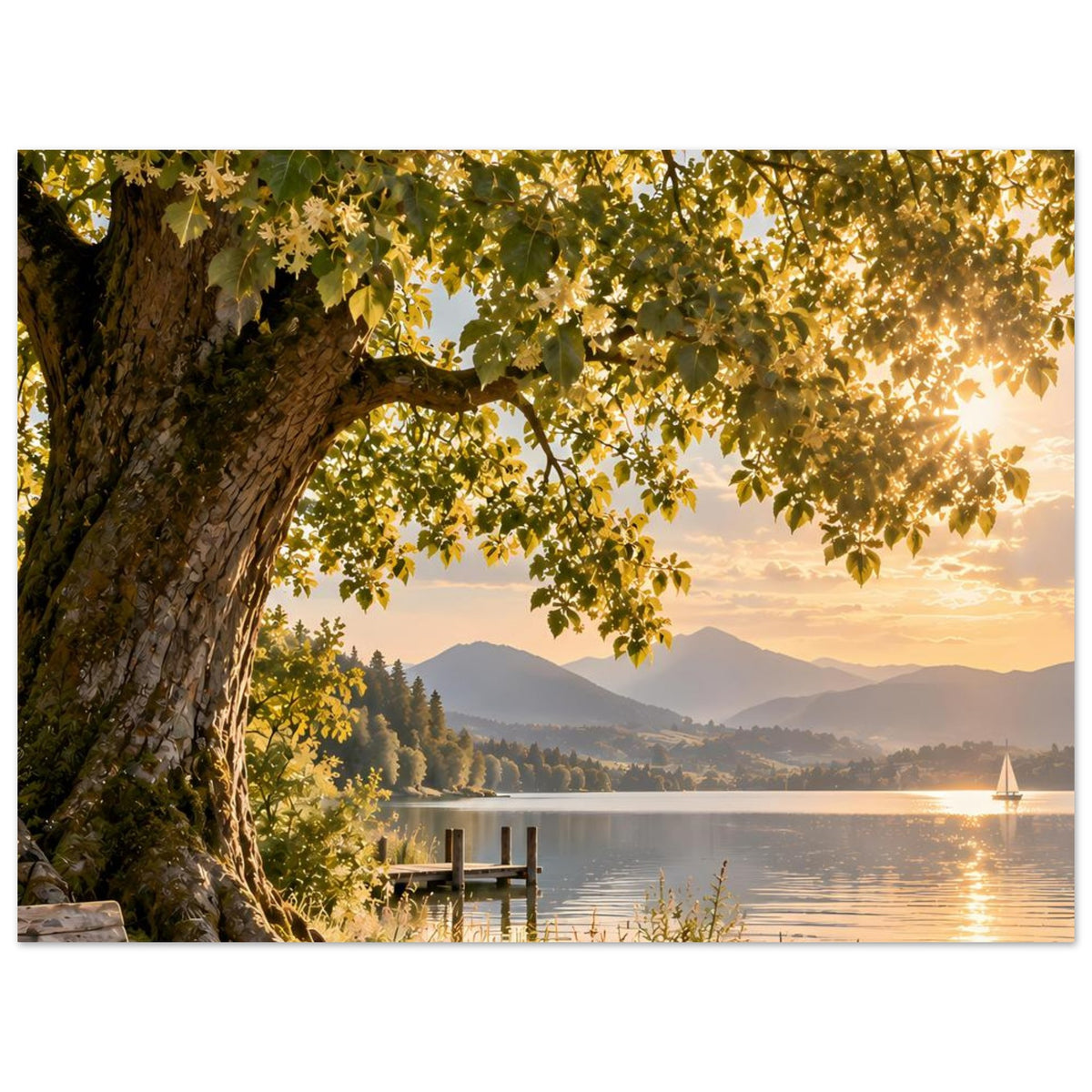 Naturposter mit Baumstamm, gelbem Laub, See mit Holzsteg und Segelboot im goldenen Licht