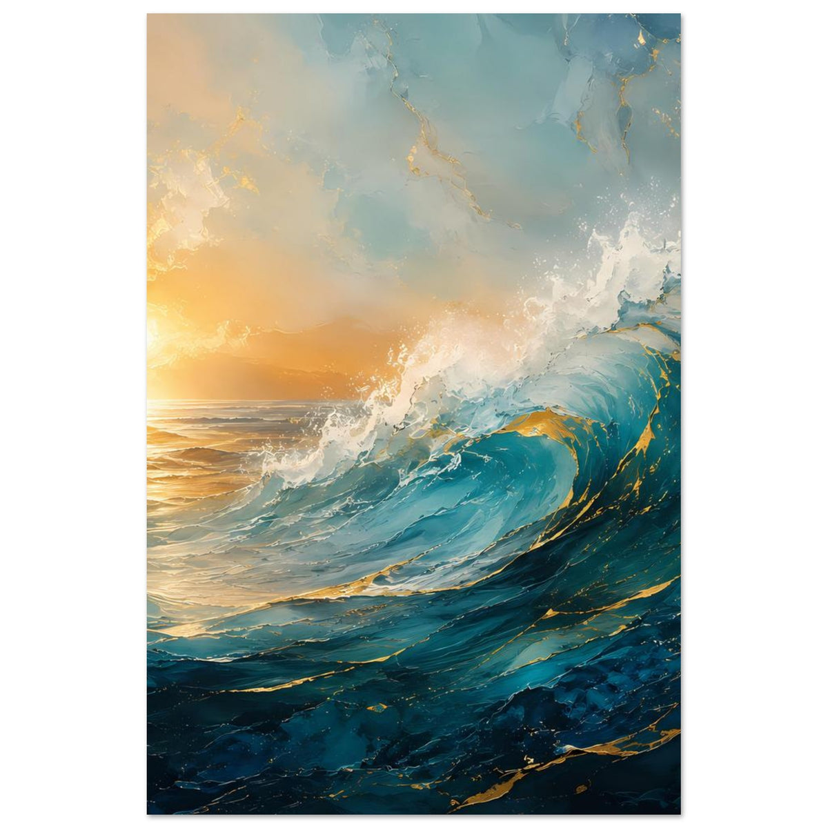 Hochformat-Poster mit Ozeanwellen und Sonnenuntergang, türkis-blaue Wellen, Sonne