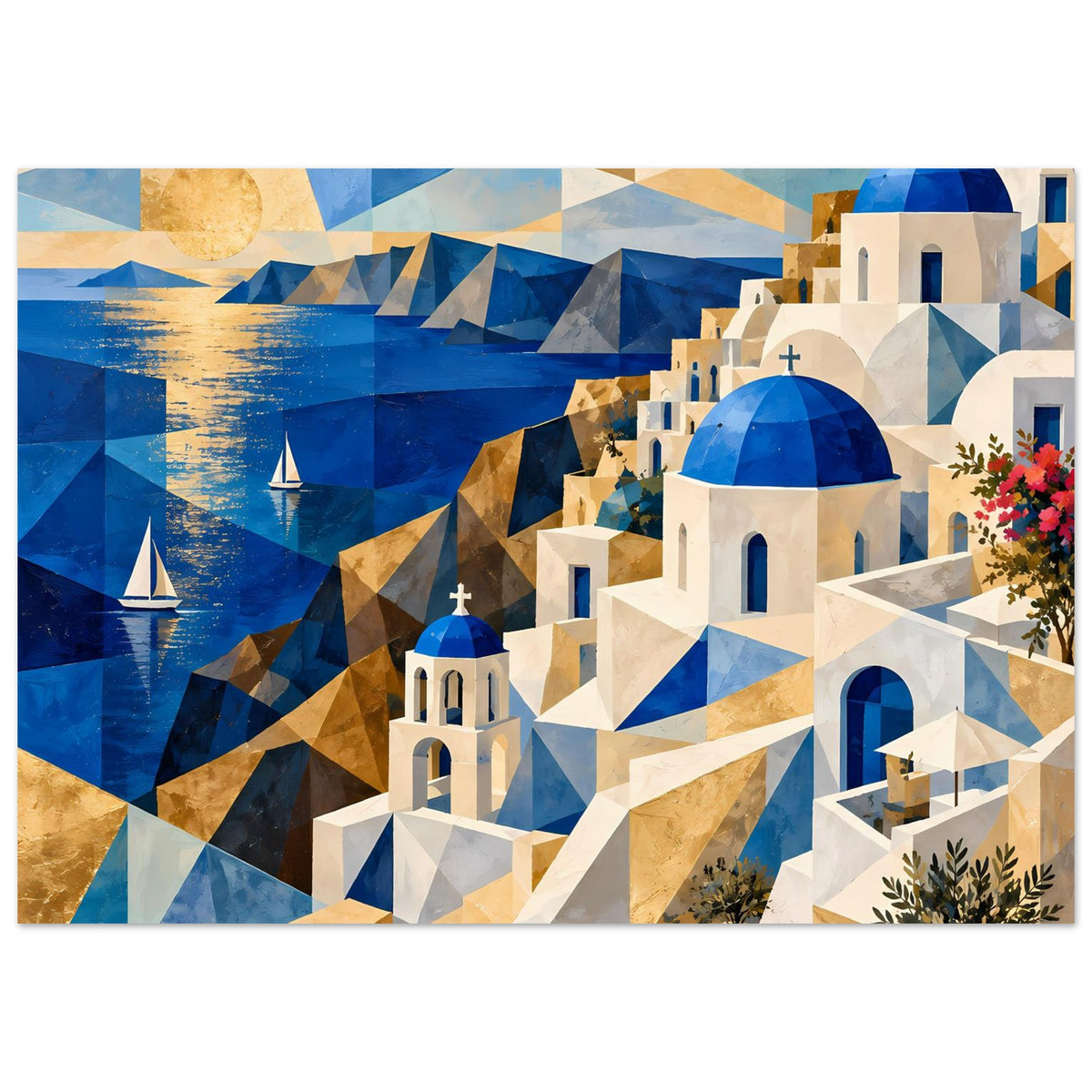 Geometrisches Poster mit blau-goldener Abendstimmung, weißen Häusern, blauen Kuppeln und Segelbooten