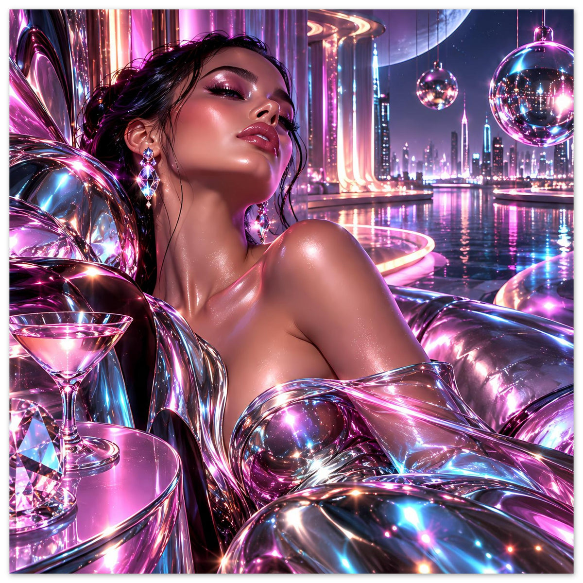Neon-Poster im Glamour-Stil: liegende Frau, reflektierende Kugeln, Skyline bei Nacht