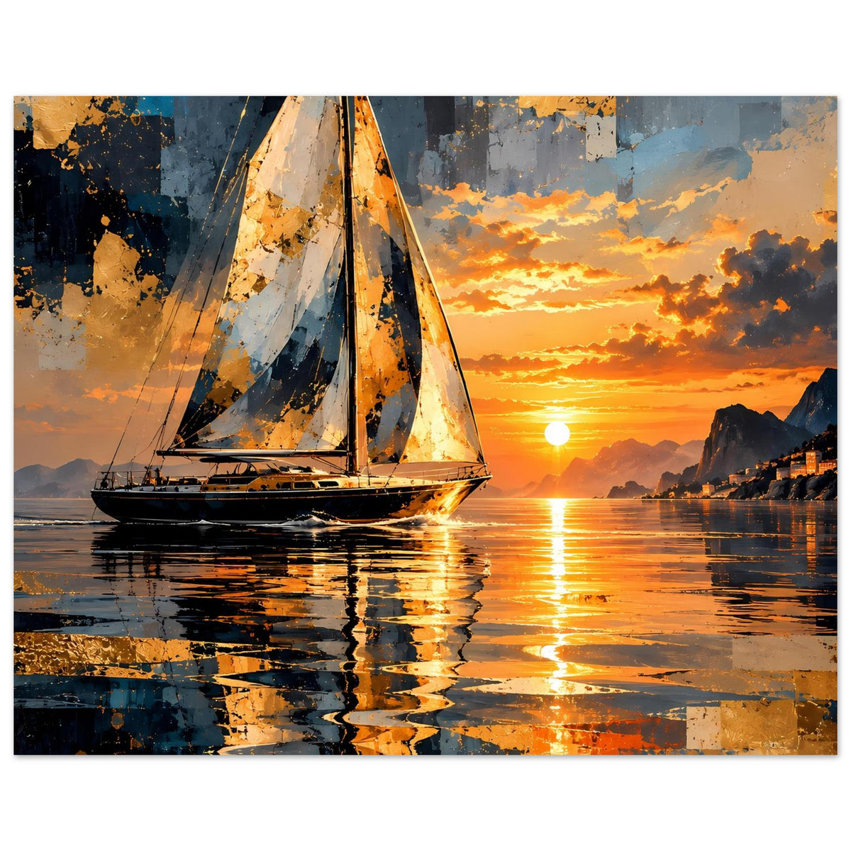 Poster im Querformat: Segelboot mit Sonnenuntergang, orange-goldene Wolken und Wasserreflexion