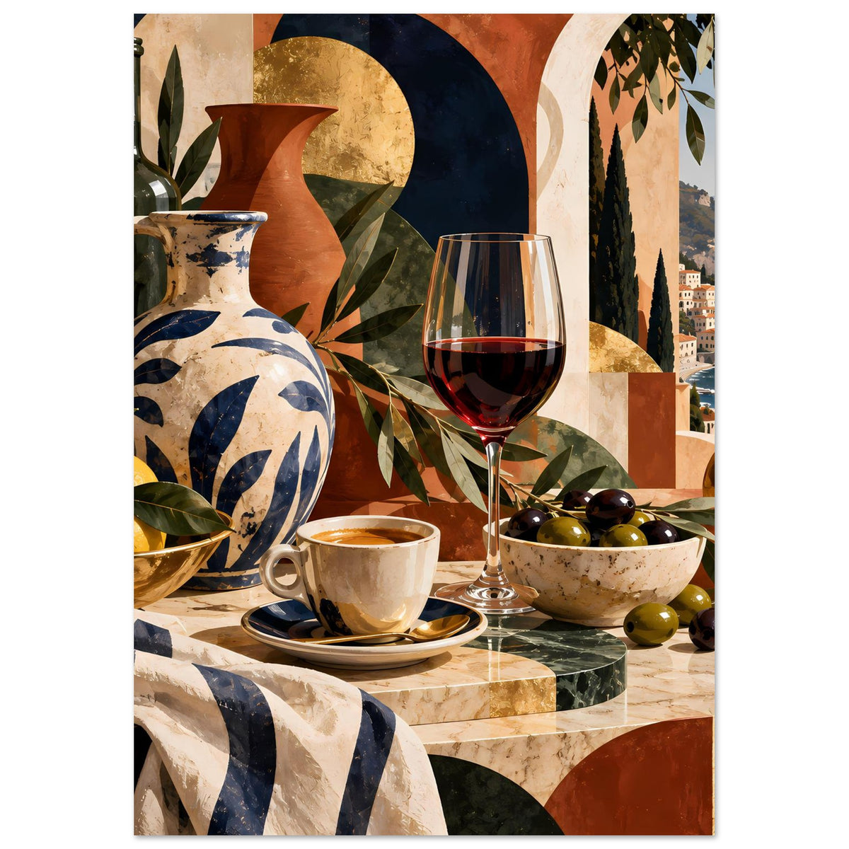 Vertikales Poster: Vase und rotes Weinglas, Schale mit Oliven sowie Küste und Berge
