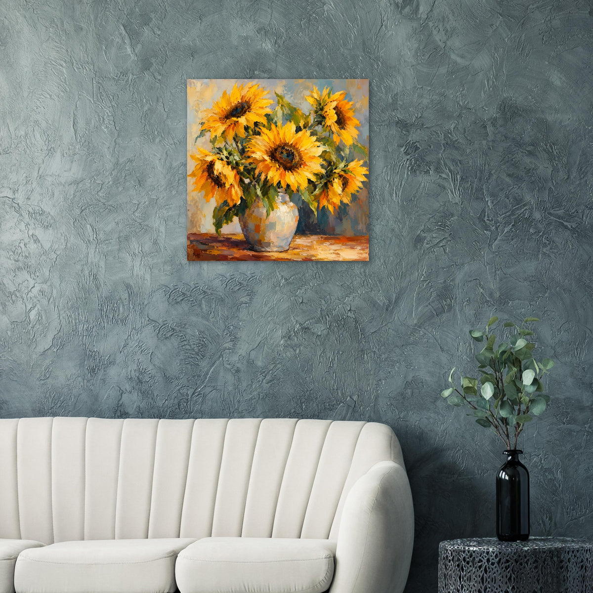 Still-Life-Poster mit gelben Sonnenblumen in blauer Vase auf mattem Premiumpapier