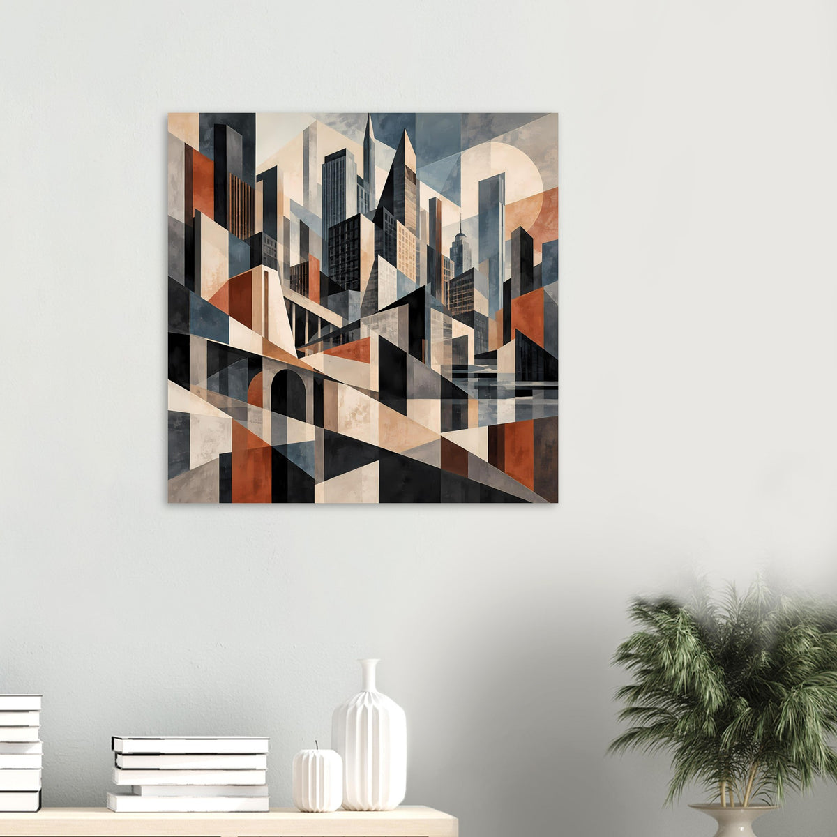 Kleines Architekturposter im Querformat, gerahmt: geometrische Gebäudeformen in Blau