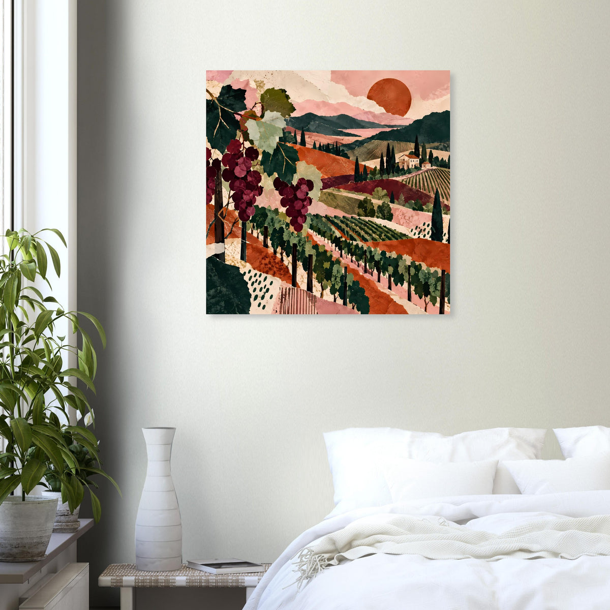 Poster mit Weinreben und Traubenranken, Blick über bepflanzte Hügel und Weinberge