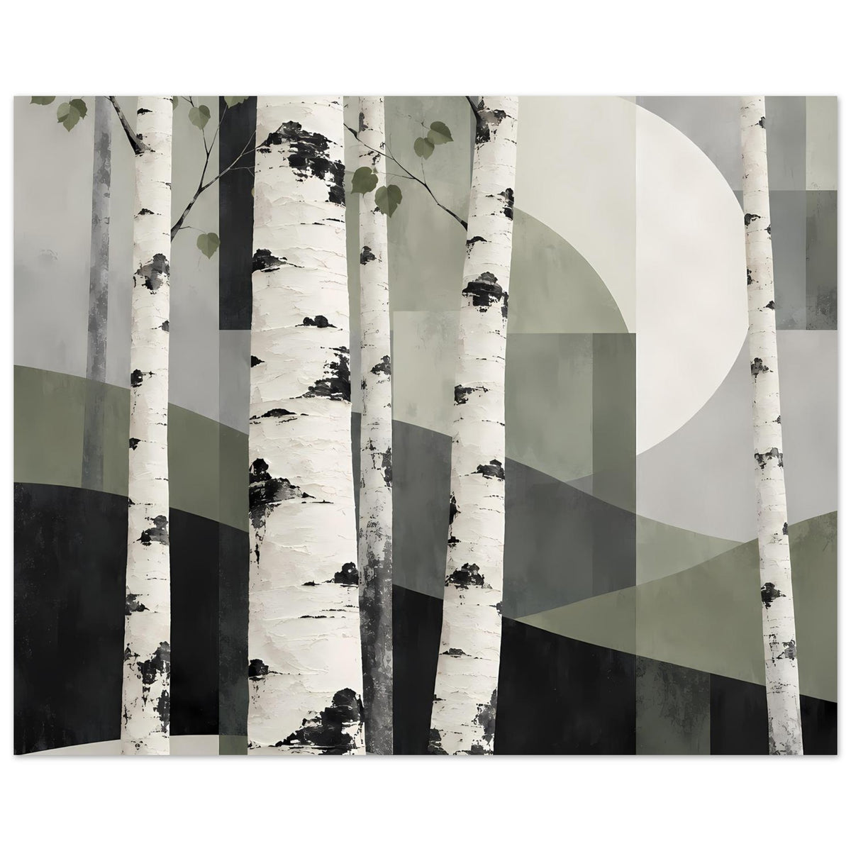 Naturposter Birkenwald in sanften Erdtönen, geometrische Schrägflächen und Kreis rechts