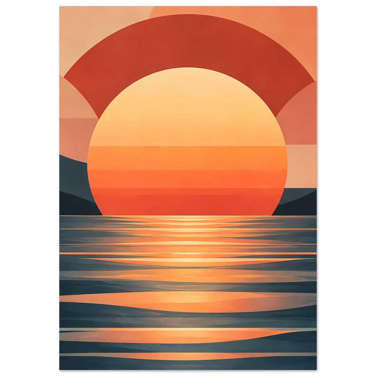 Gerahmtes Poster im Hochformat: Sonnenuntergang an der Küste, warme Töne und dunkles Wasser