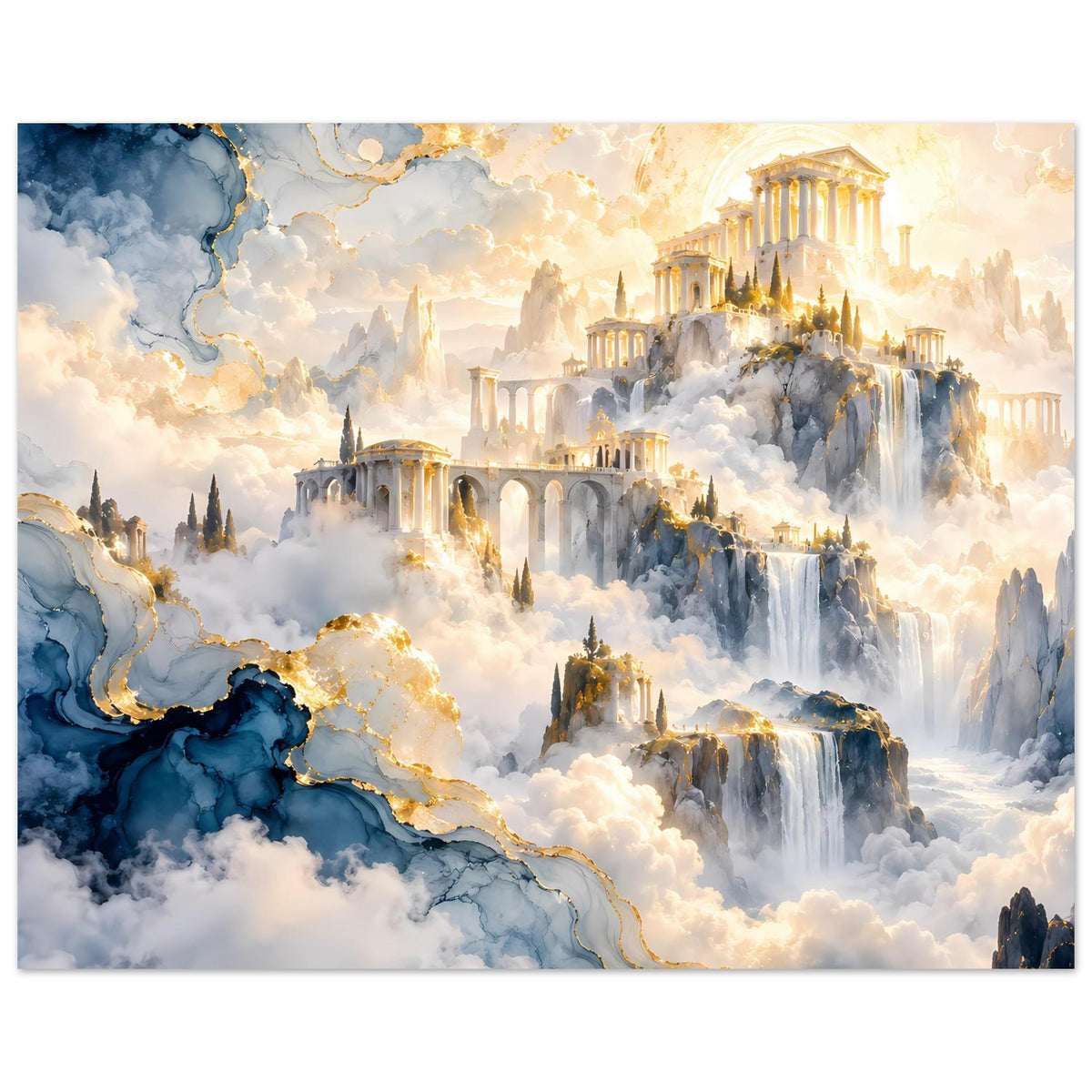 Kunstposter im Querformat mit goldener Fantasy-Architektur, Wasserfällen und Wolkennebel