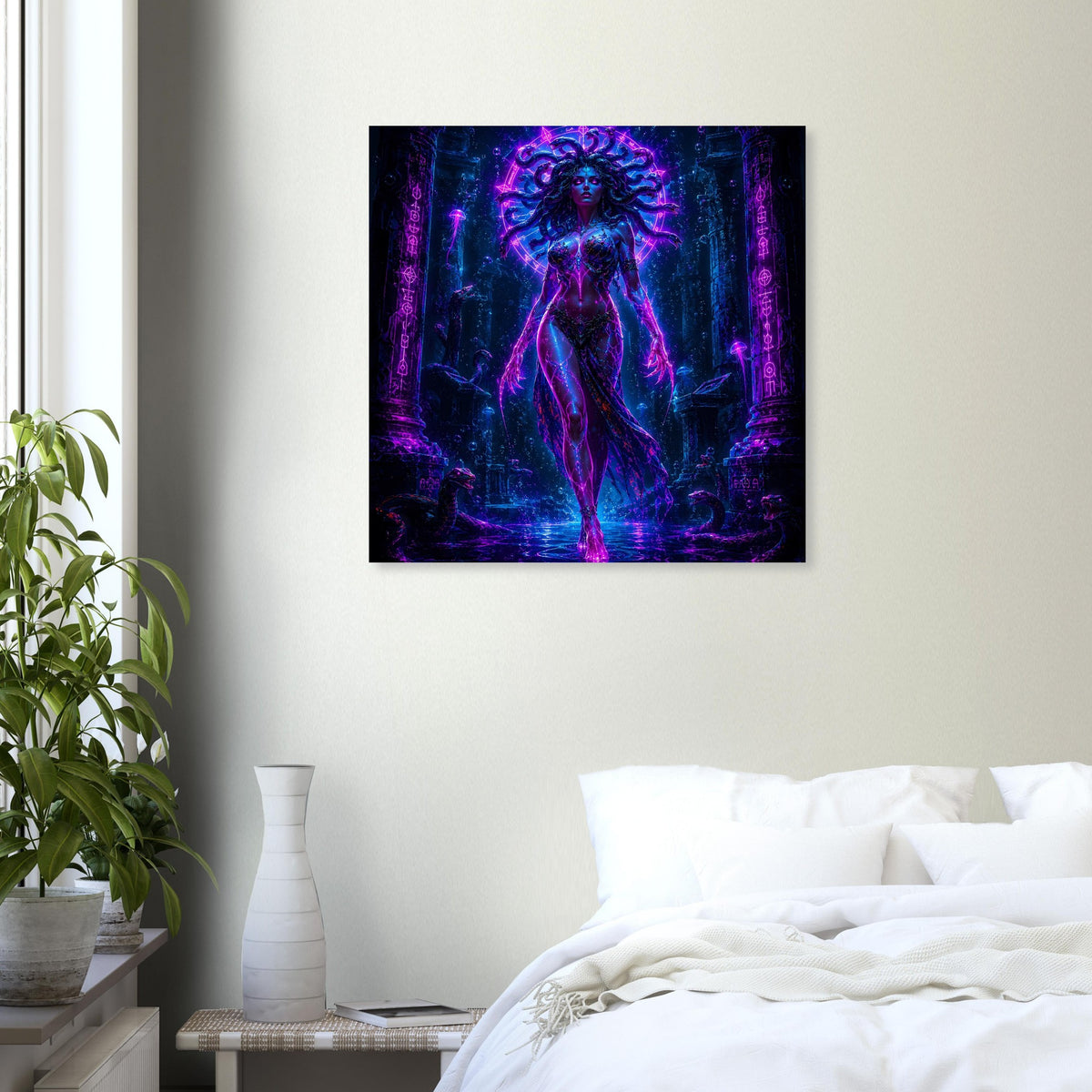 Wandposter mit Neon-Medusa-Motiv, lila und blau leuchtender Unterwassertempel