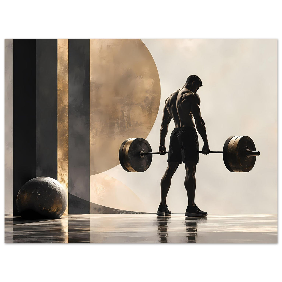 Krafttraining-Poster mit Silhouette, Langhantel und großen Kreisflächen, dunkle und helle Abstufungen