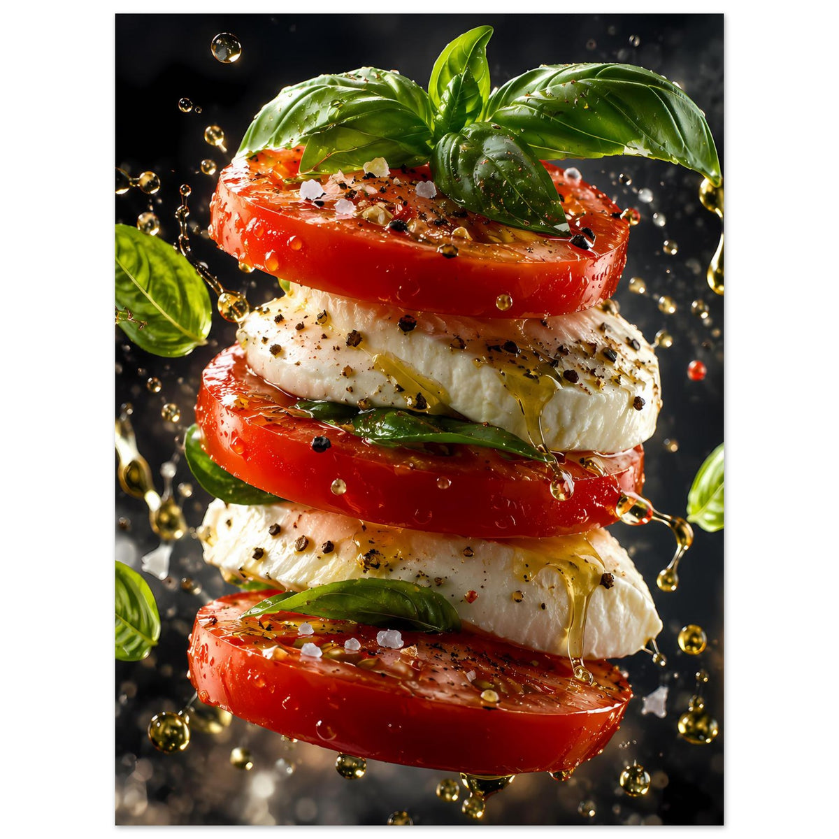 Vertikales Küchenposter mit Stapel aus Tomate, Mozzarella und Basilikumblättern
