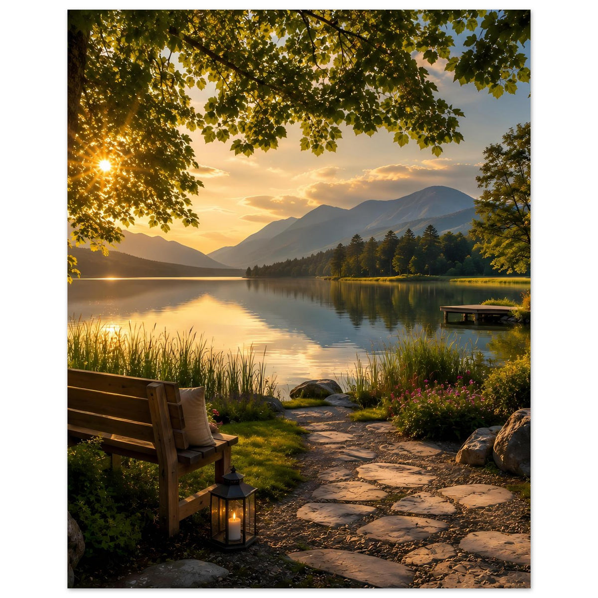 Poster mit See bei Abendsonne, Hängende Blätter, Bergsilhouette und Bank mit Laterne