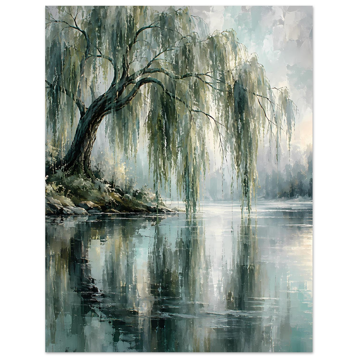 Poster mit Weiden am Ufer, reflektiert im ruhigen Wasser und nebeligem Himmel
